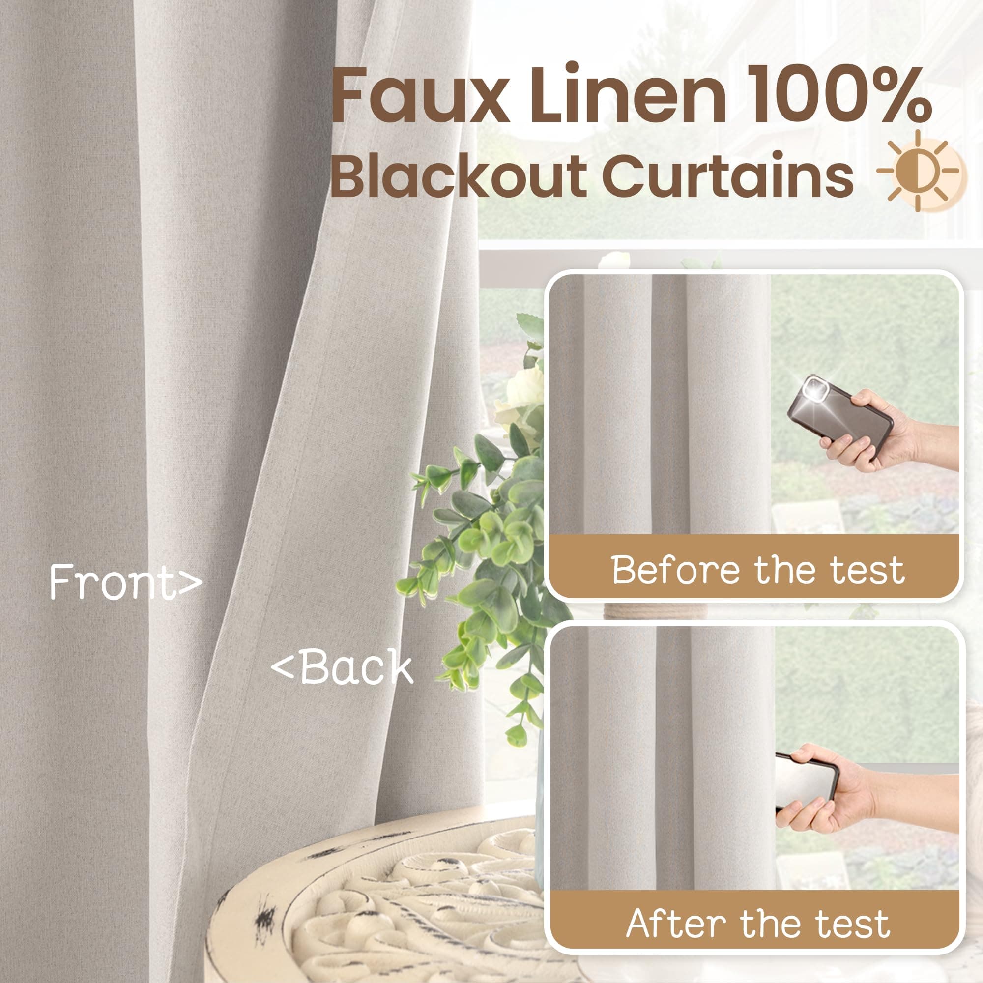 BGment Black Out Curtains 63 Inch Long for Bedroom - Linen Textured Thermal Insu - Thumbnail 6