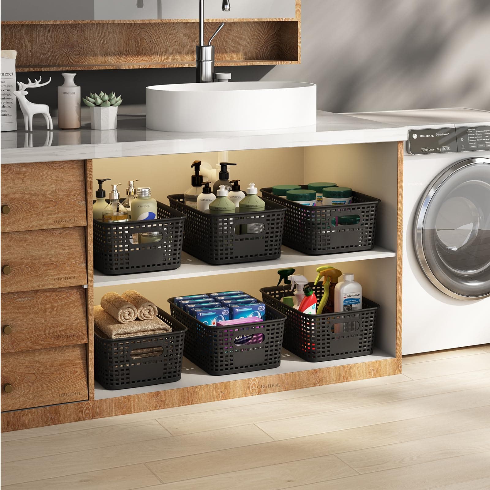 ORGIDOL Plastic Storage Basket with Lids 12 Pack Stackable Black Storage Bins Co - Thumbnail 4