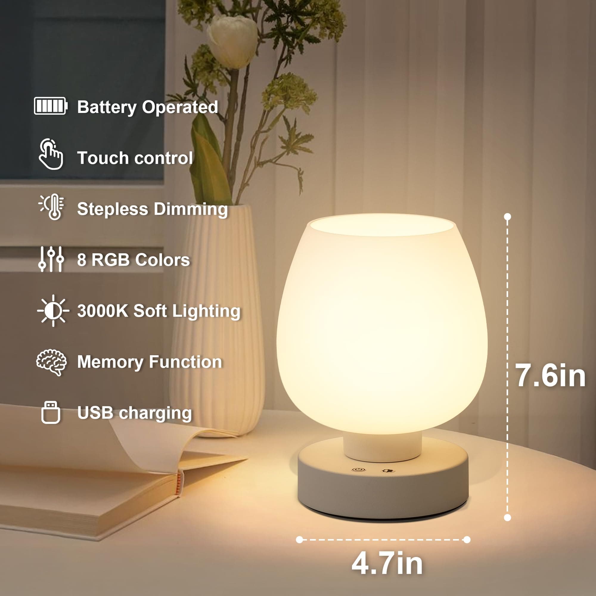KARTOOSH Cordless Touch Bedside Table Lamp, Rechargeable Battery Operated Desk L - Thumbnail 7