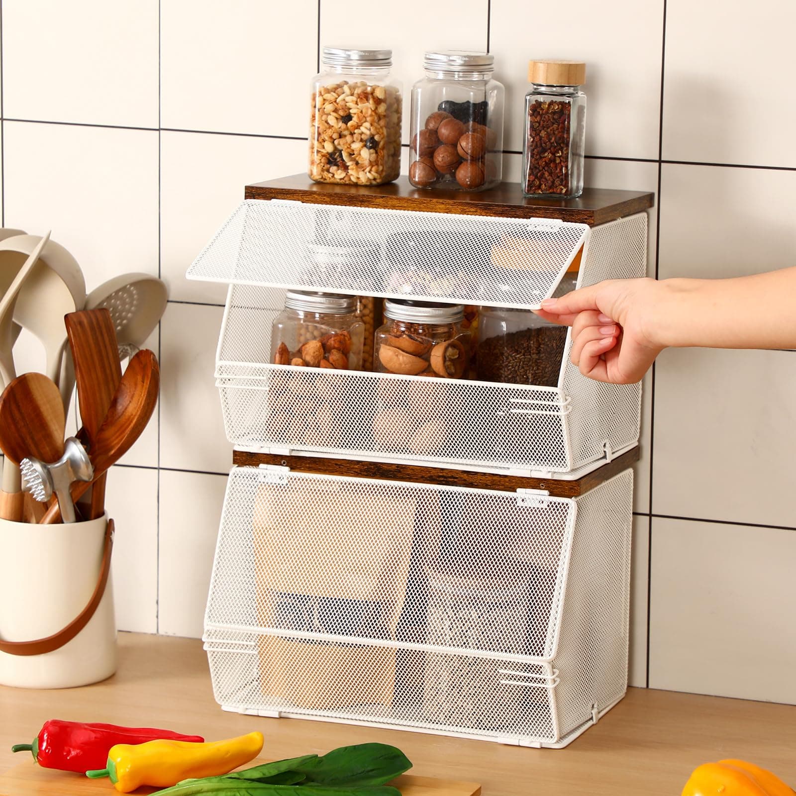Teenyyou 2 Pcs Stackable Mesh Fruit Basket with Lid Wall Produce Vegetable Stora - Thumbnail 2