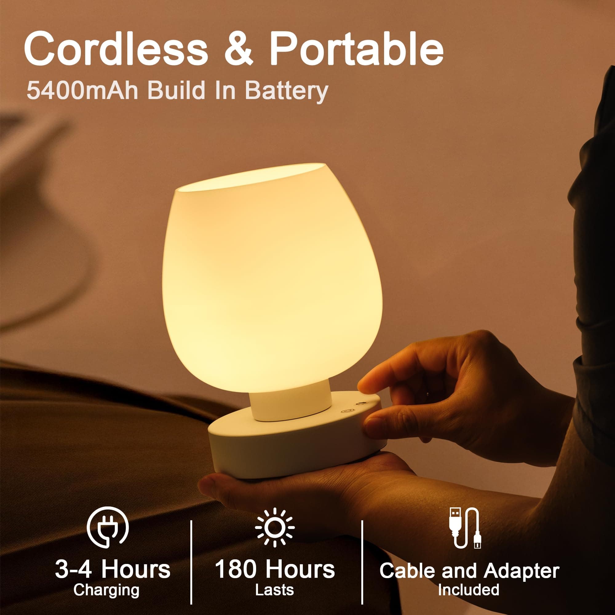 KARTOOSH Cordless Touch Bedside Table Lamp, Rechargeable Battery Operated Desk L - Thumbnail 2