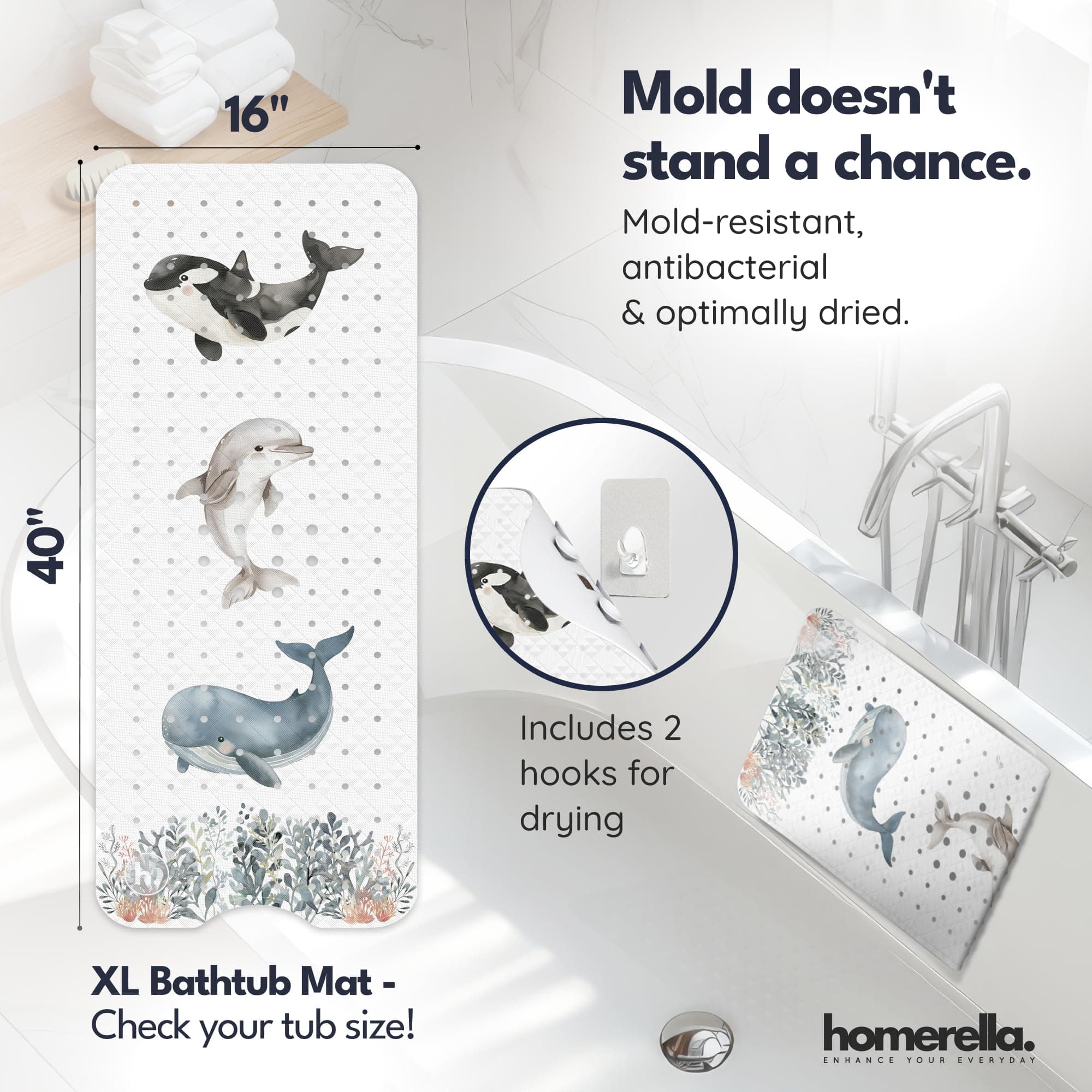 Homerella Bath Mat Non Slip Anti Mold Kids 40x16 BPA Free Washable Shower Mat wi - Thumbnail 3