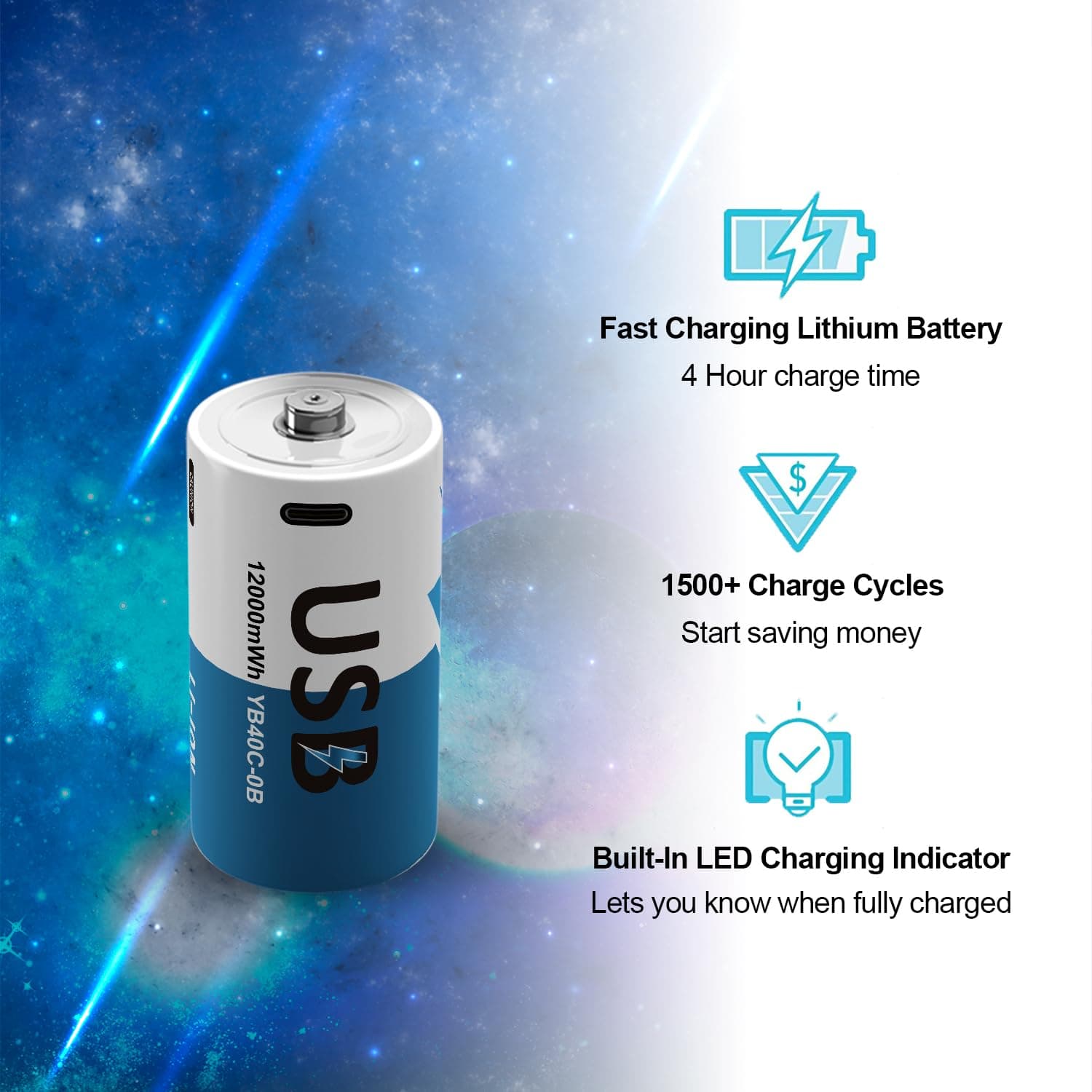YUEBVIWIE Rechargeable Lithium D Batteries 2 Pack 4-in-1 USB-C Charger Floodligh - Thumbnail 5
