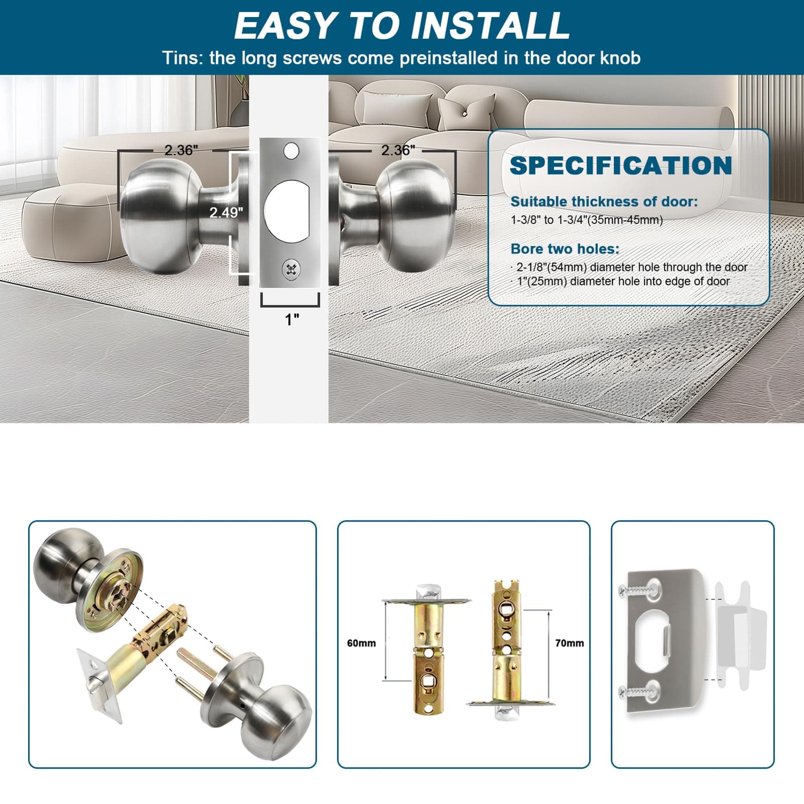 RAZCC Passage Door Knobs, 3 Pack Satin Nickel Door Knobs, for Hallway & Closet N - Thumbnail 4