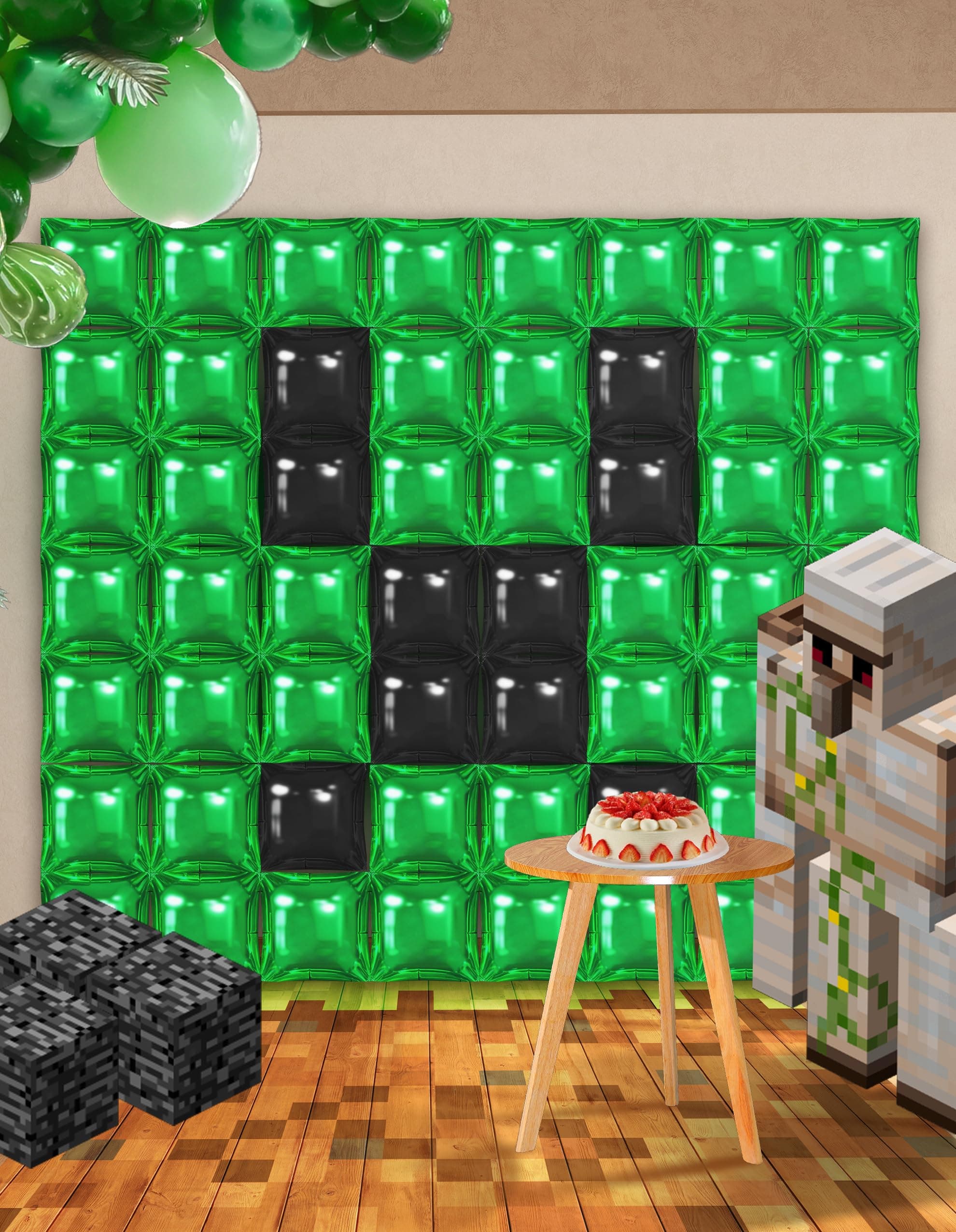 Green Pixel Miner Themed Party Square Balloon Wall Decorations, 56PCS Green Blac - Thumbnail 6