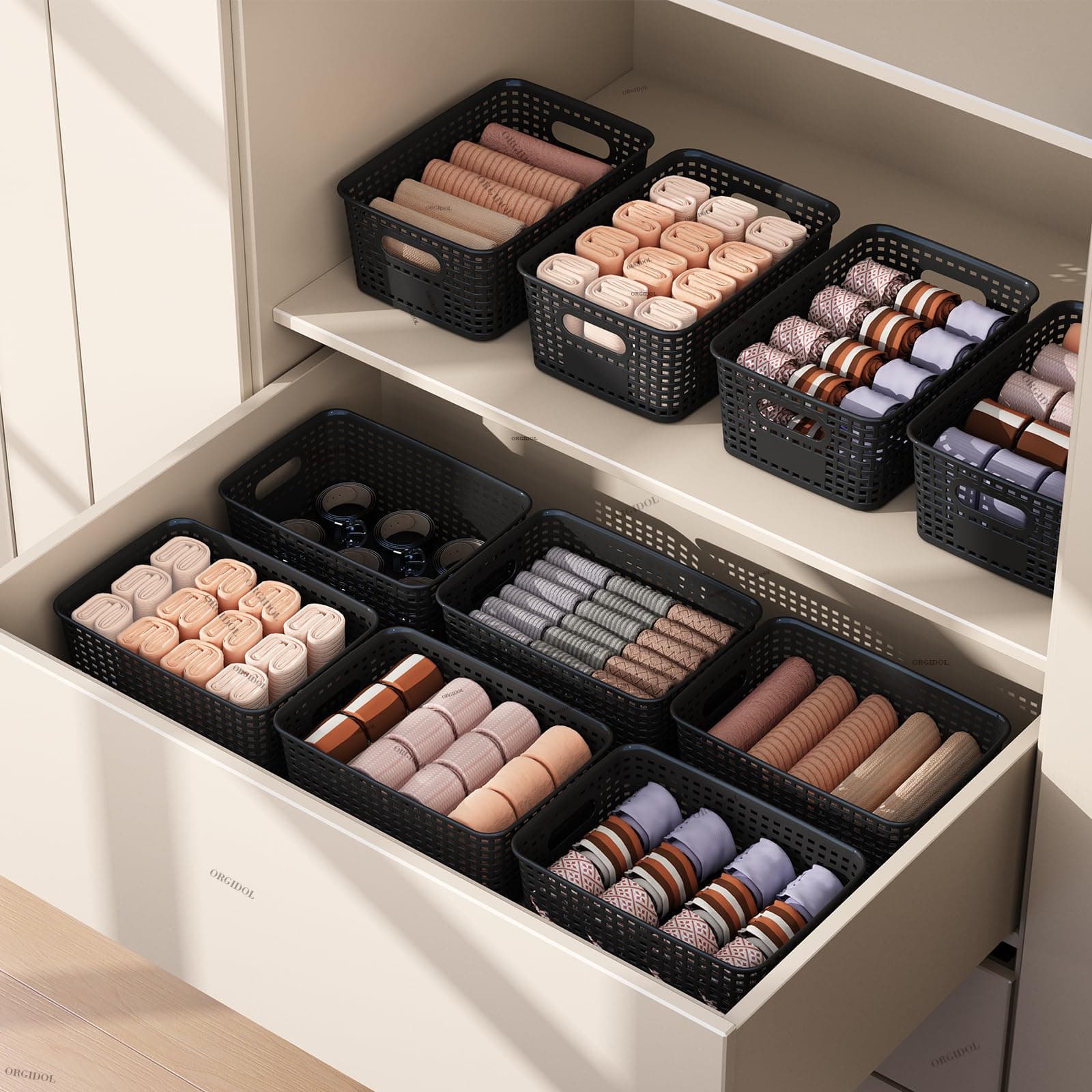 ORGIDOL Plastic Storage Basket with Lids 12 Pack Stackable Black Storage Bins Co - Thumbnail 9