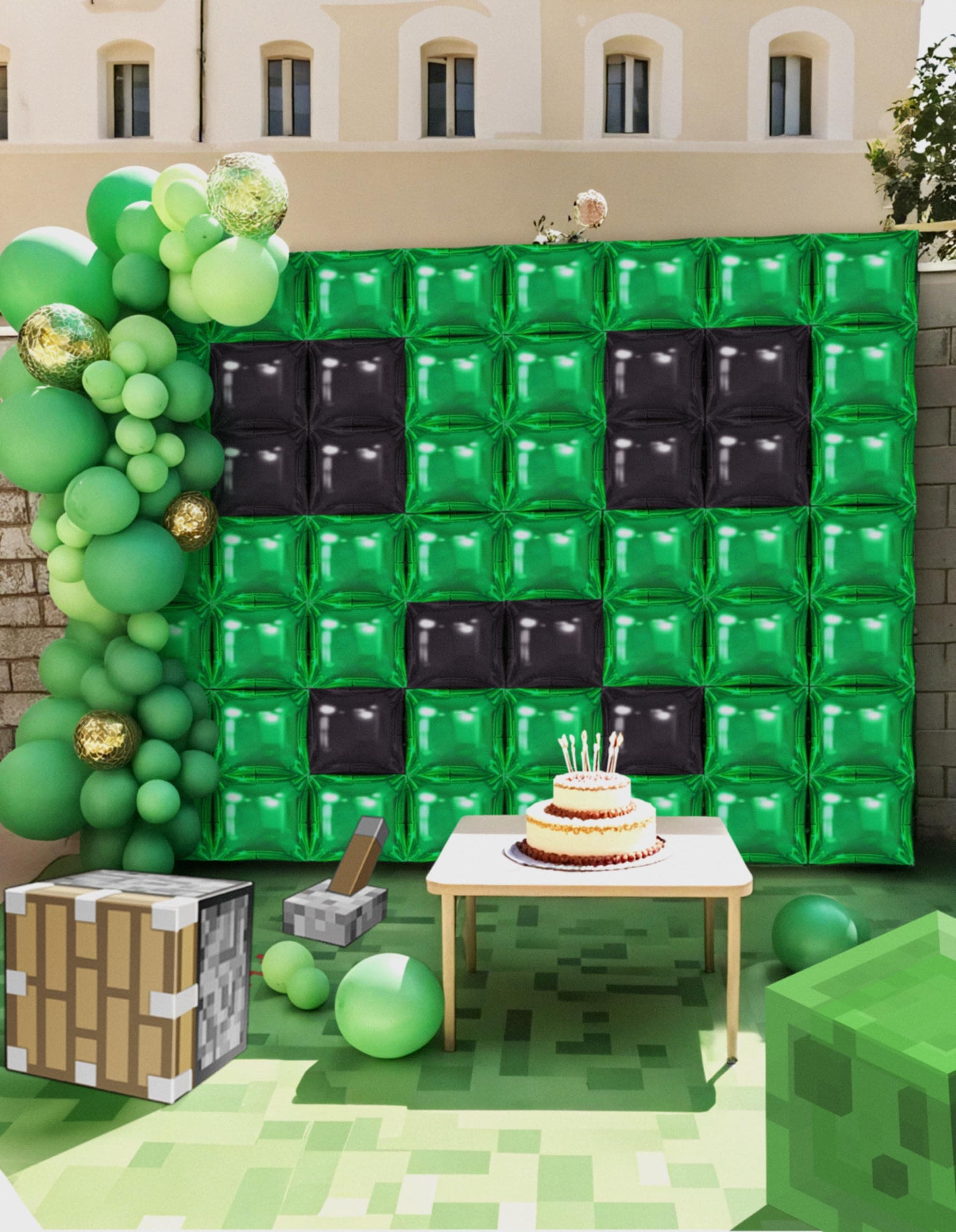 Green Pixel Miner Themed Party Square Balloon Wall Decorations, 56PCS Green Blac - Thumbnail 5