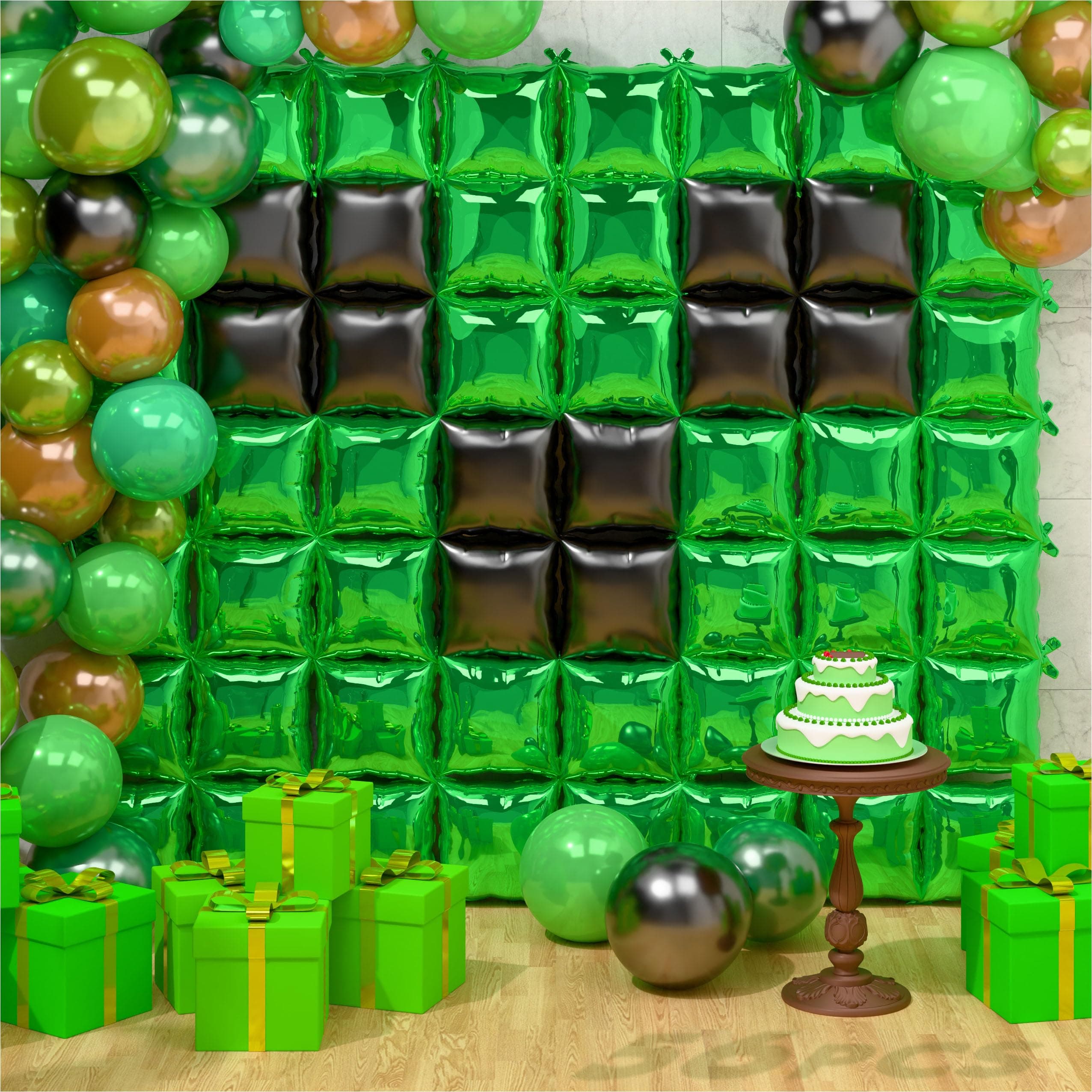 Green Pixel Miner Themed Party Square Balloon Wall Decorations, 56PCS Green Blac - Image 1