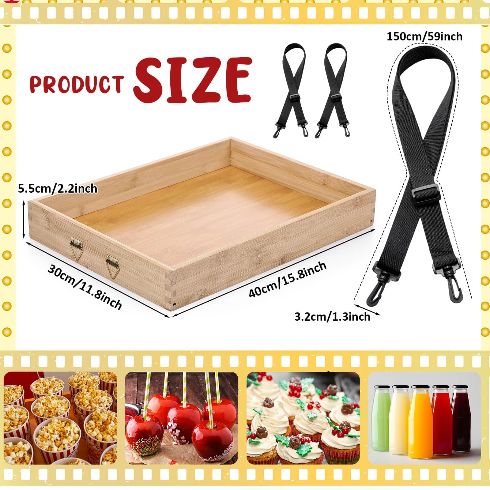 Wooden Snack Trays with Strap 15 x 11 x 2 Inch Movie Night Party Serving Trays U - Thumbnail 2