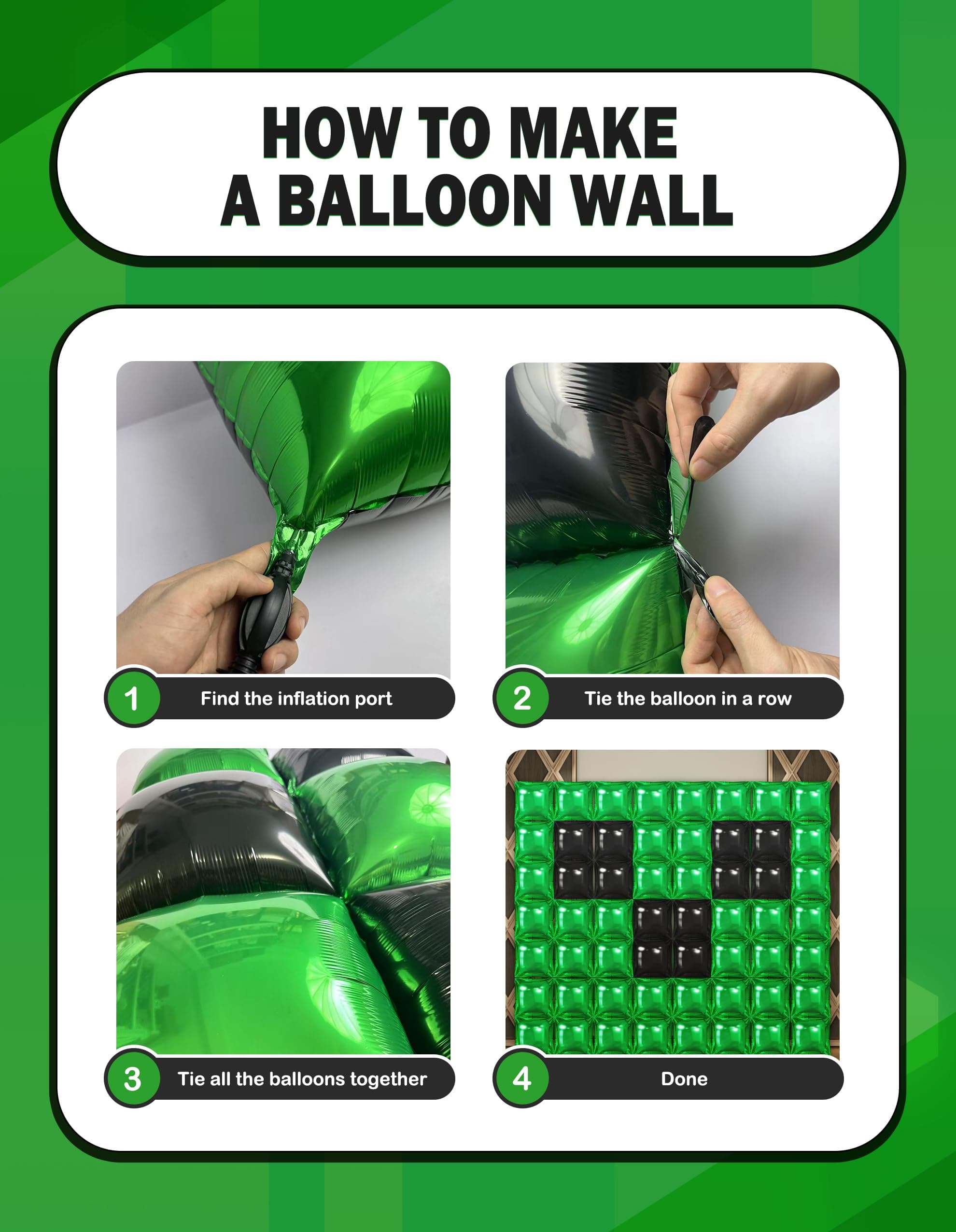 Green Pixel Miner Themed Party Square Balloon Wall Decorations, 56PCS Green Blac - Thumbnail 4