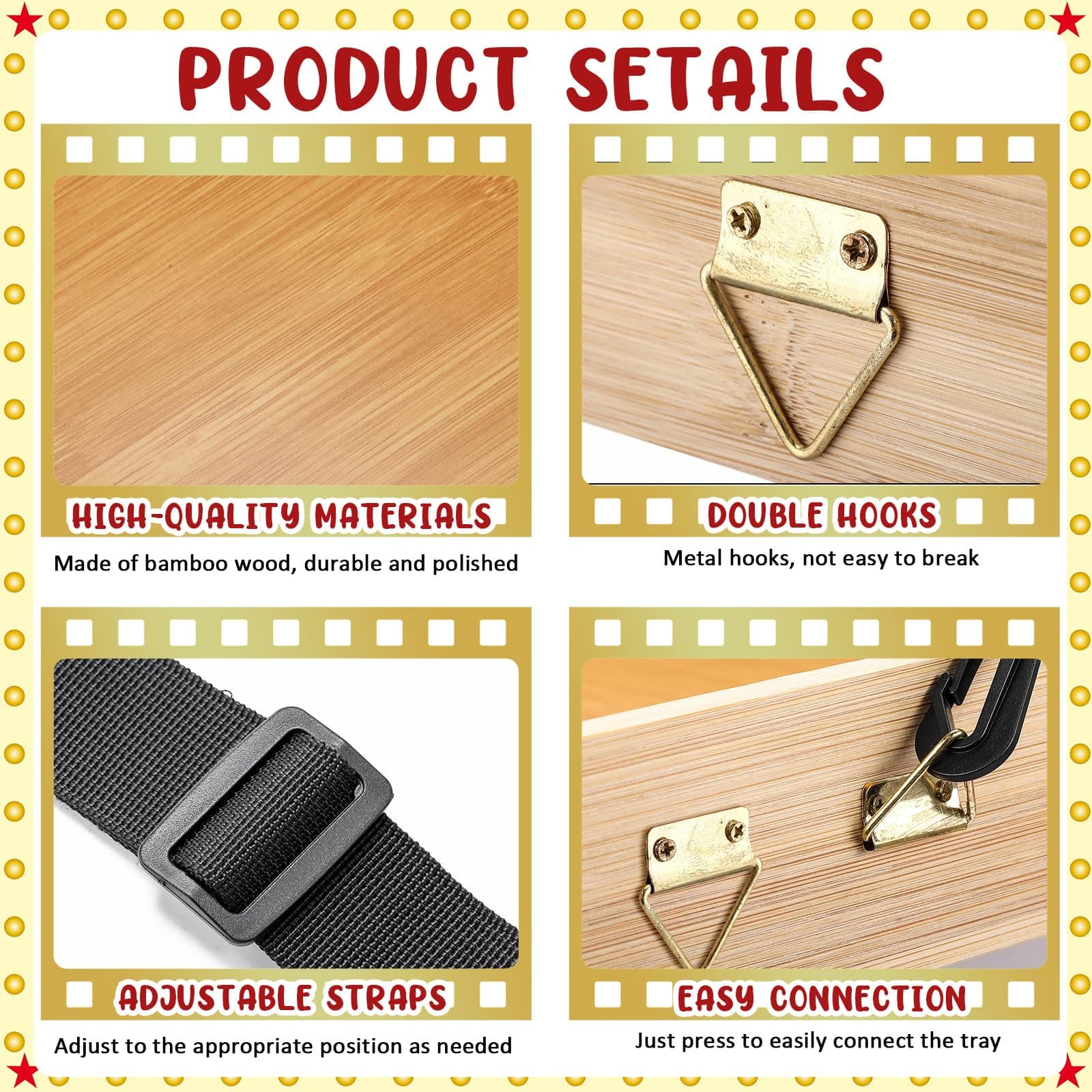 Wooden Snack Trays with Strap 15 x 11 x 2 Inch Movie Night Party Serving Trays U - Thumbnail 3
