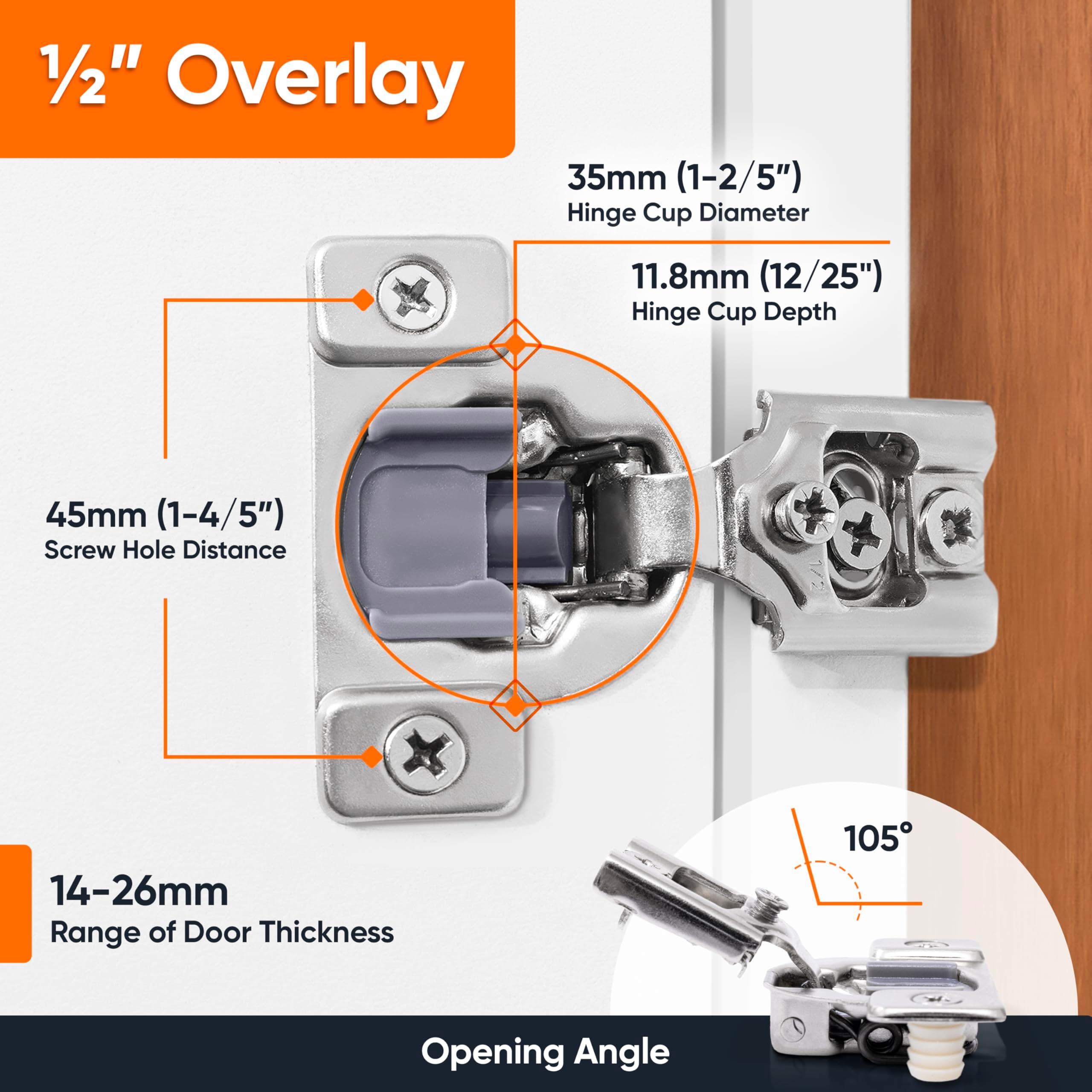 DecoBasics 50 Pack 1/2" Overlay Soft Close Cabinet Hinges Stainless Steel Self C - Thumbnail 2