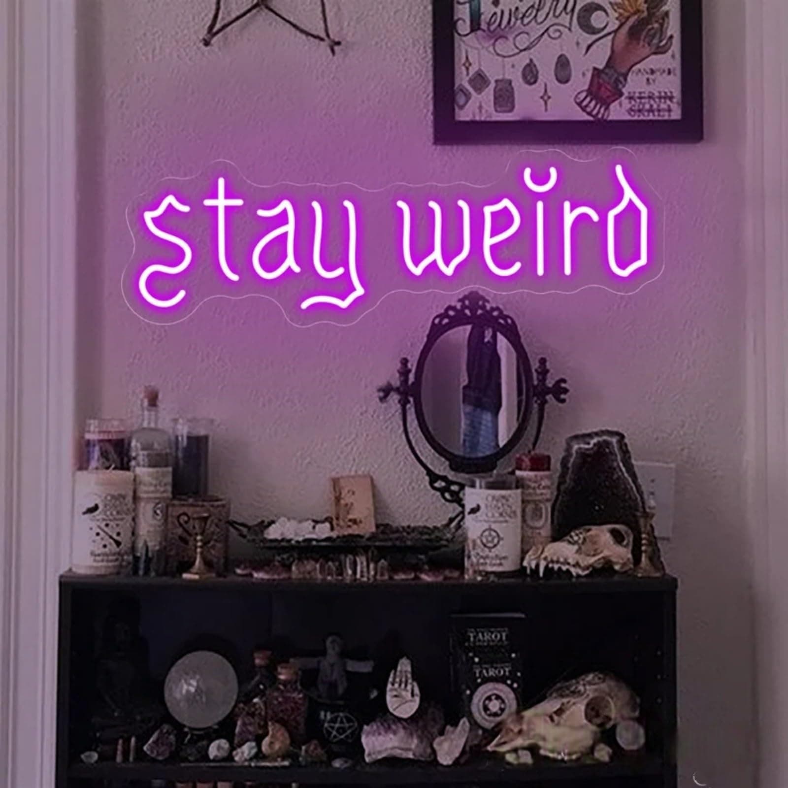 Stay Weird Neon Sign, Gothic Decor, Skeleton Hand Neon Sign, Vintage Font,Dark A - Image 1