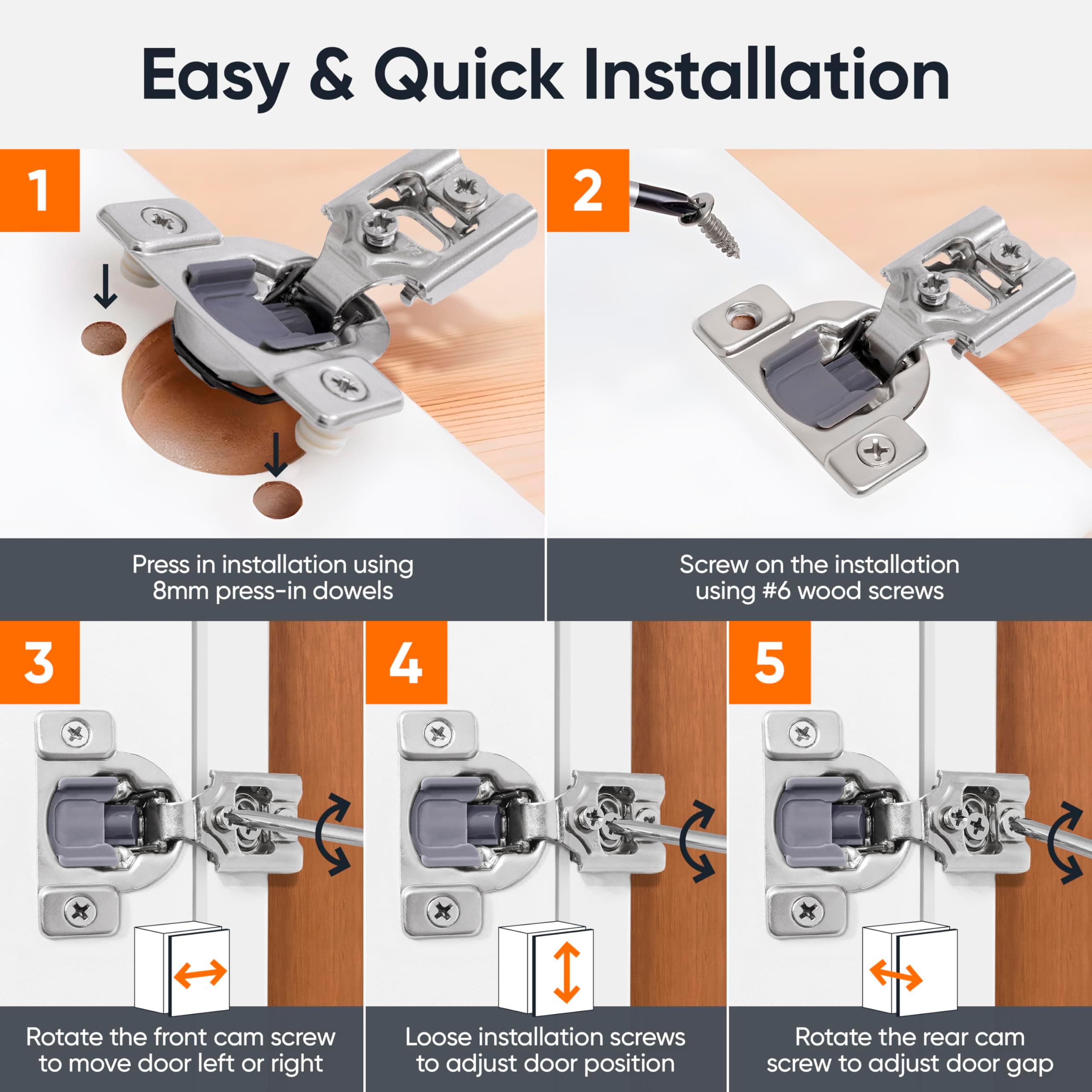 DecoBasics 50 Pack 1/2" Overlay Soft Close Cabinet Hinges Stainless Steel Self C - Thumbnail 9