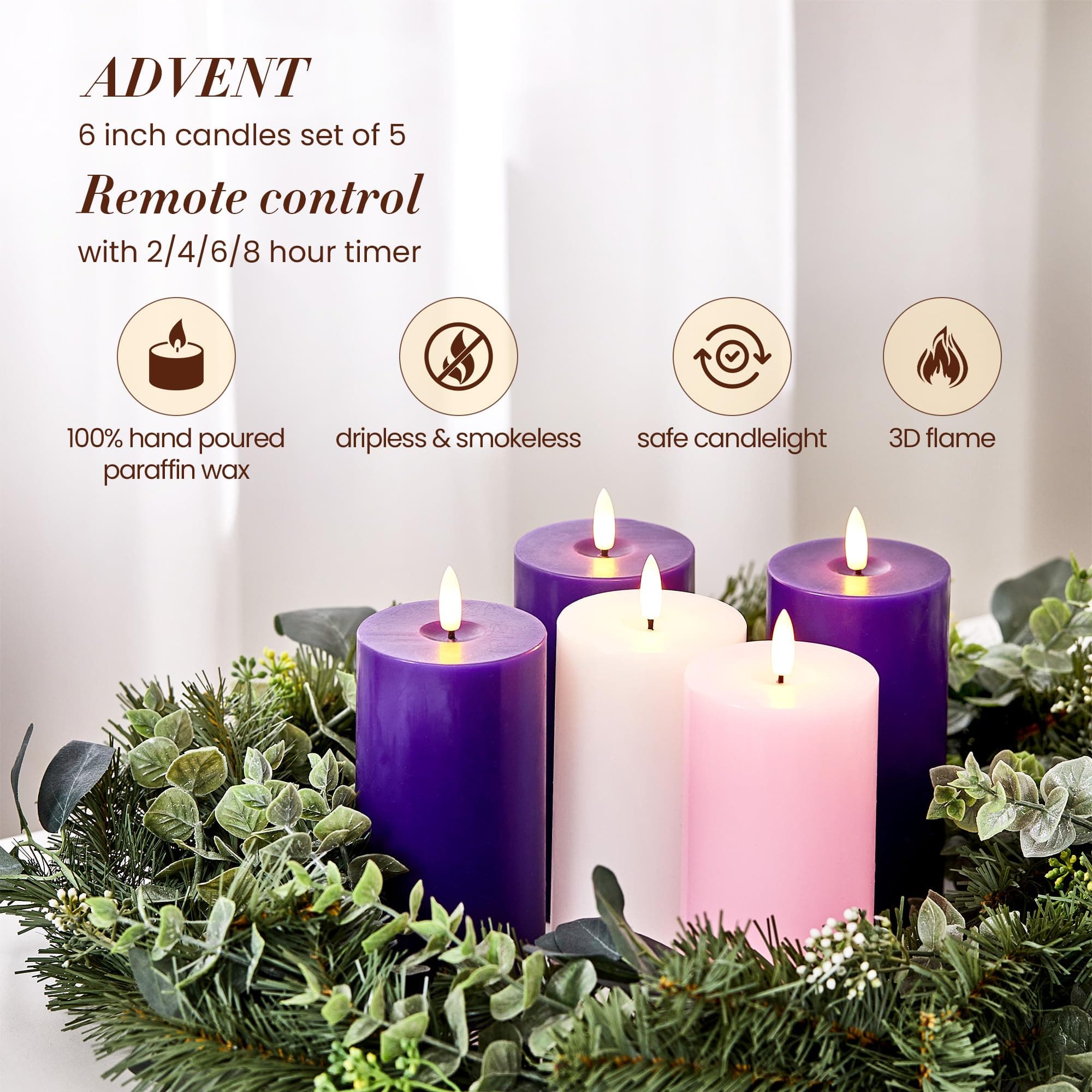 Velsyn Pillar Advent Candles Set of 5, Battery Operated Advent Candle Set with R - Thumbnail 2