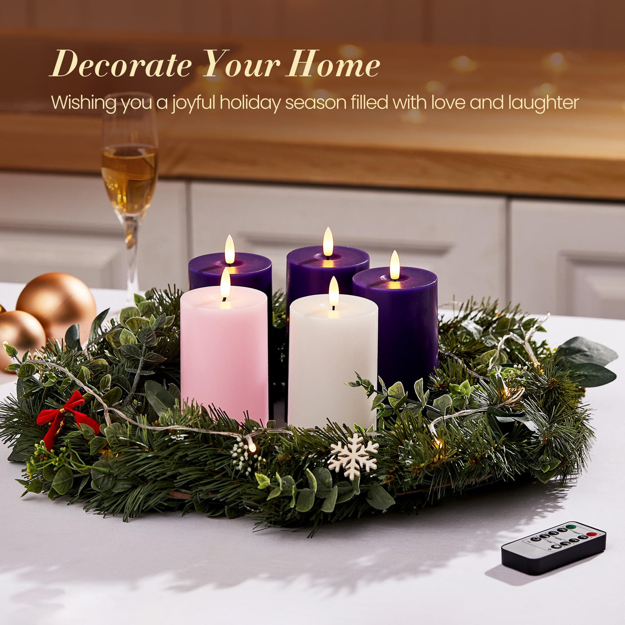 Velsyn Pillar Advent Candles Set of 5, Battery Operated Advent Candle Set with R - Thumbnail 4