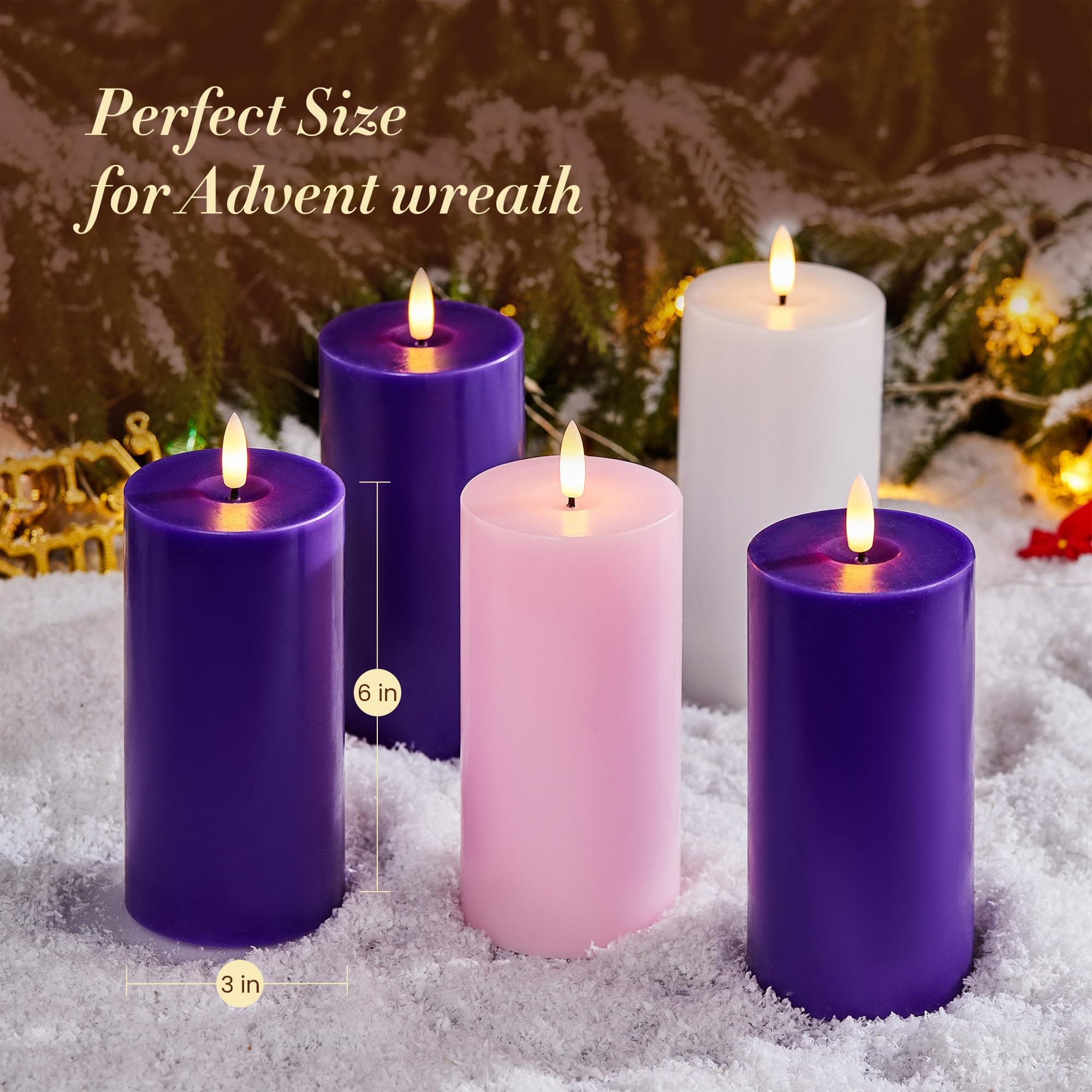 Velsyn Pillar Advent Candles Set of 5, Battery Operated Advent Candle Set with R - Thumbnail 3