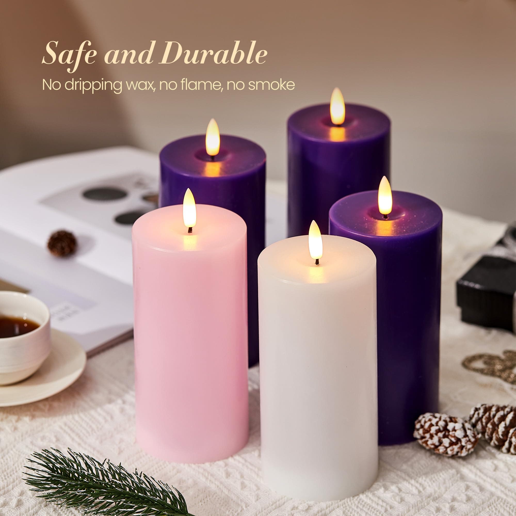 Velsyn Pillar Advent Candles Set of 5, Battery Operated Advent Candle Set with R - Thumbnail 7