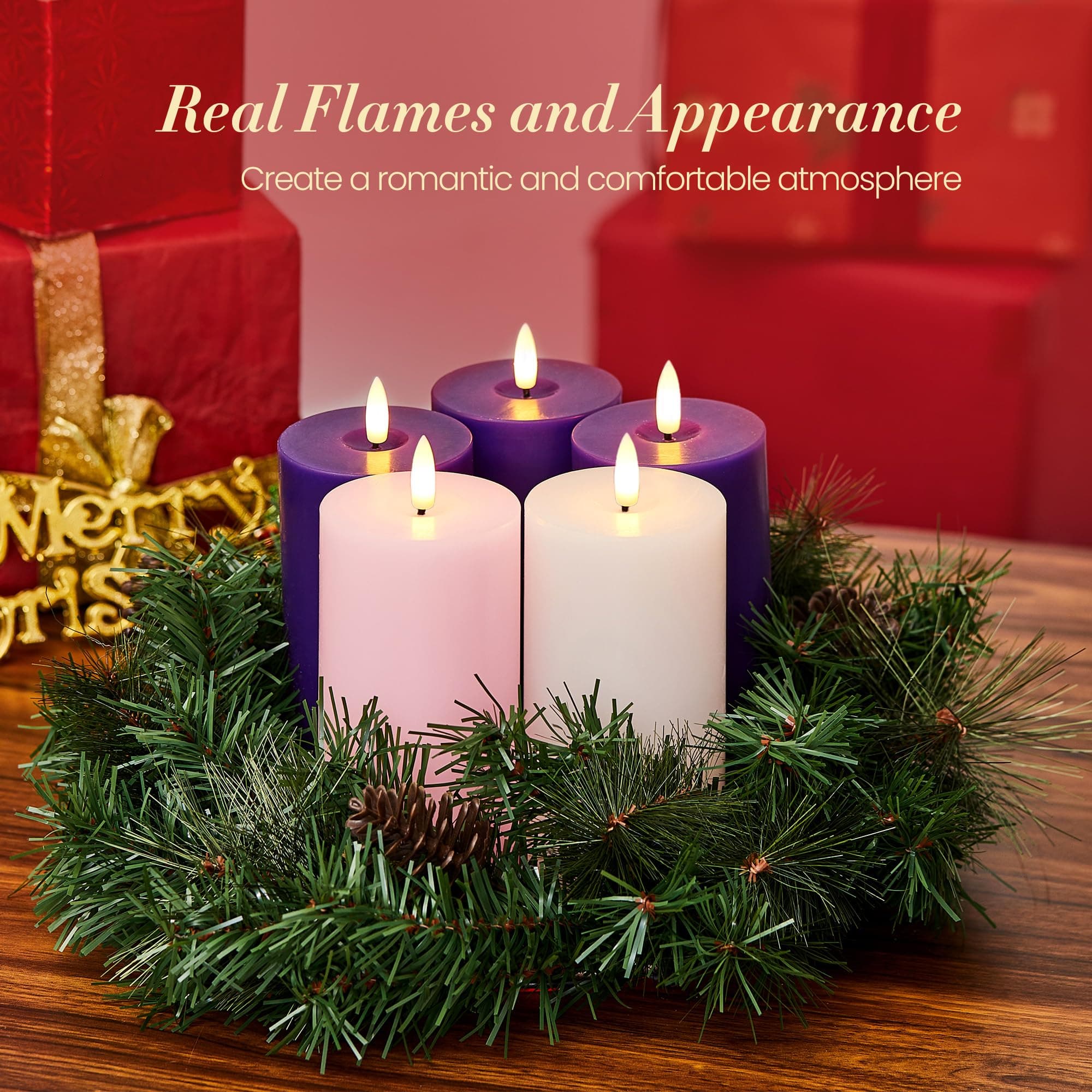 Velsyn Pillar Advent Candles Set of 5, Battery Operated Advent Candle Set with R - Thumbnail 5