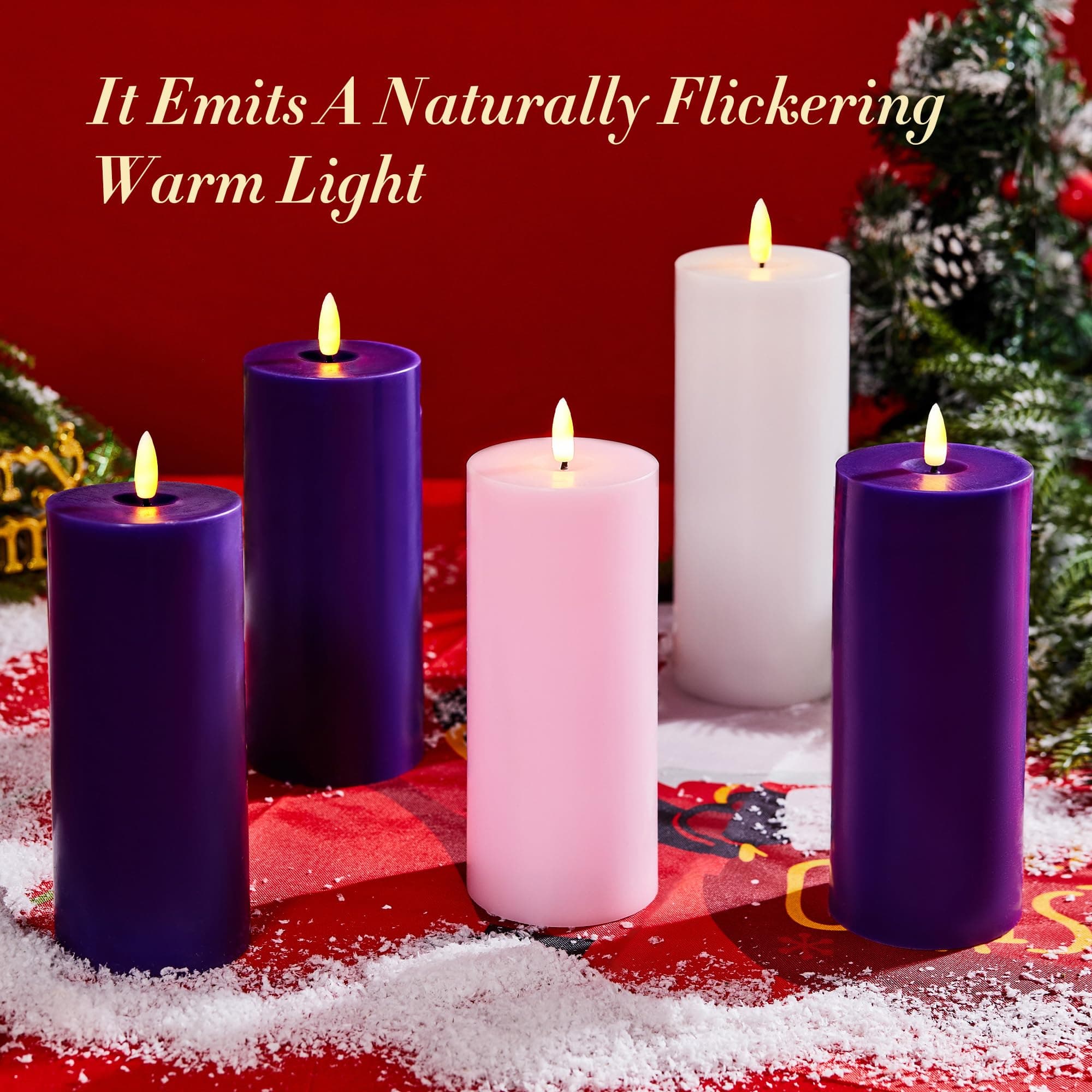 Velsyn Pillar Advent Candles Set of 5, Battery Operated Advent Candle Set with R - Thumbnail 9