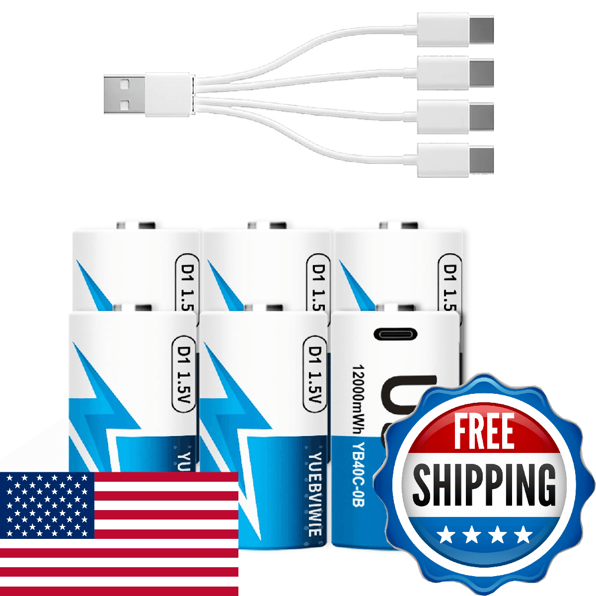 YUEBVIWIE Rechargeable Lithium D Batteries 2 Pack 4-in-1 USB-C Charger Floodligh - Image 1
