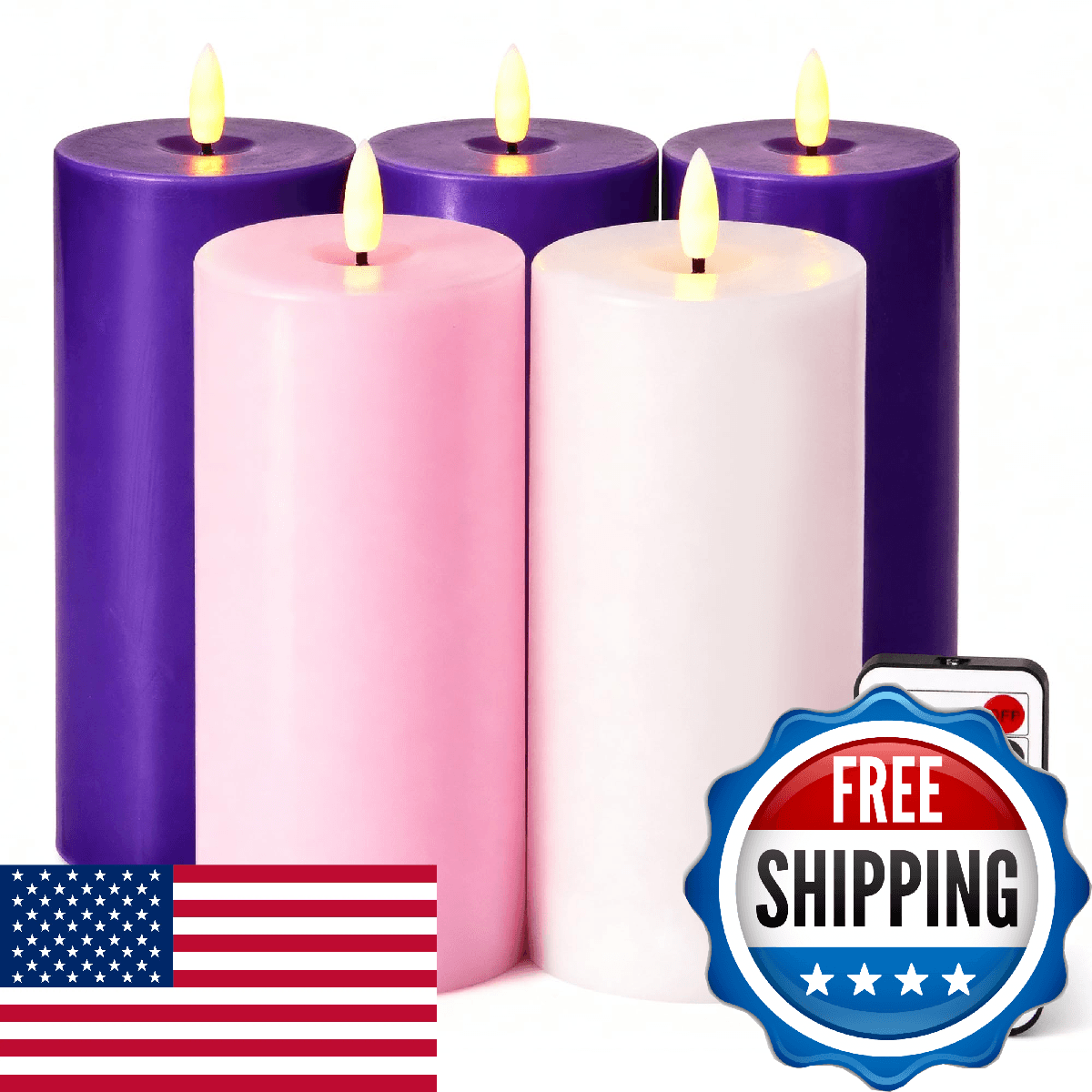 Velsyn Pillar Advent Candles Set of 5, Battery Operated Advent Candle Set with R - Image 1