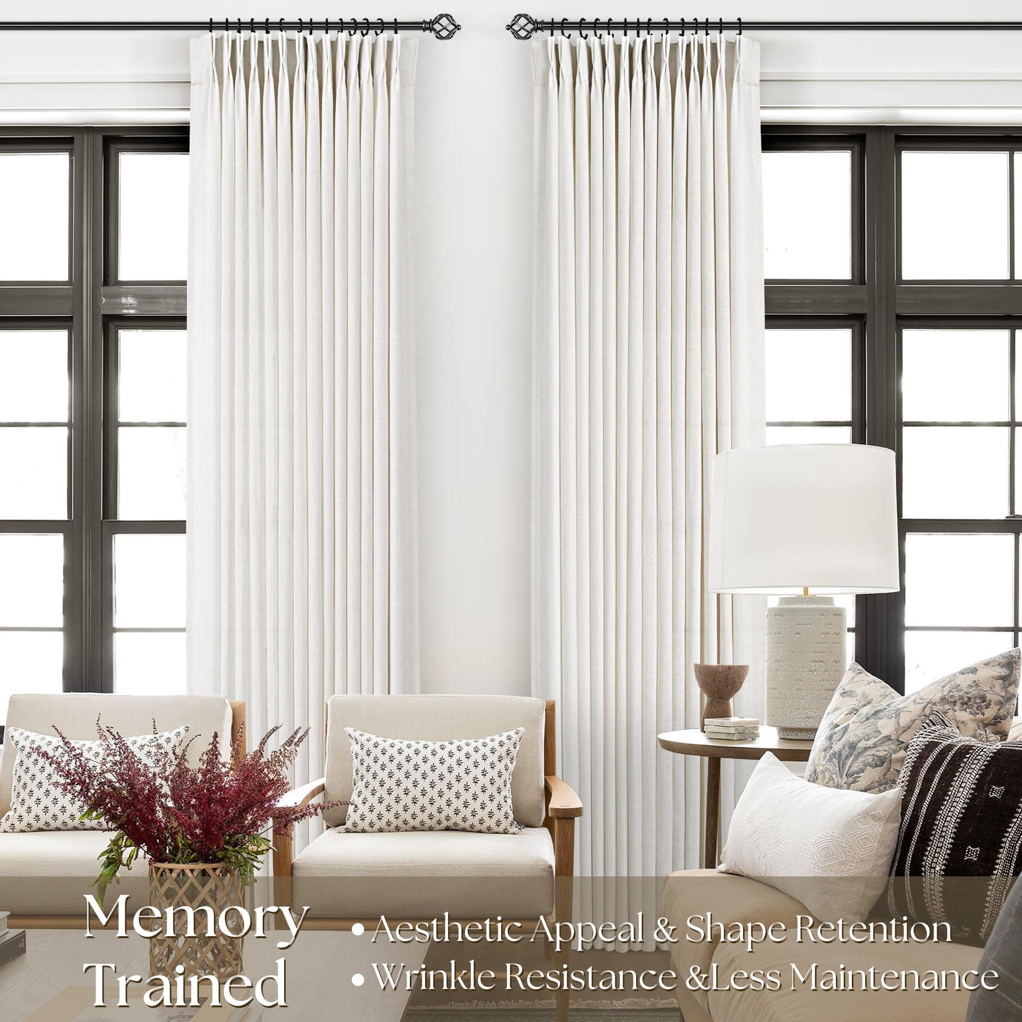 Pinch Pleated Linen Curtains 63 inches Long for Living Room Memory Training Shap - Thumbnail 2