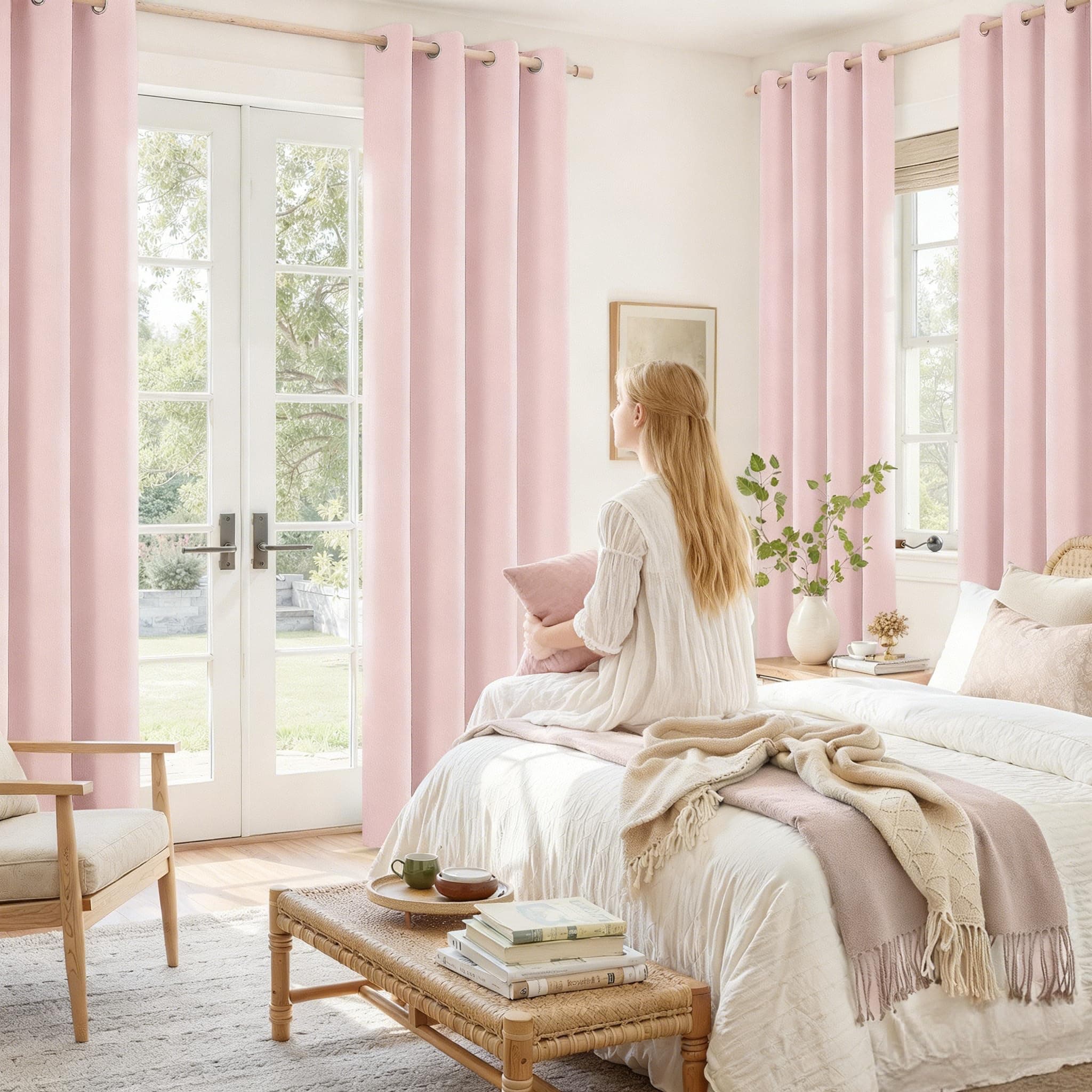 HOMEIDEAS 100% Light Pink Linen Blackout Curtains for Bedroom, 52 x 84 Inch Leng - Thumbnail 2