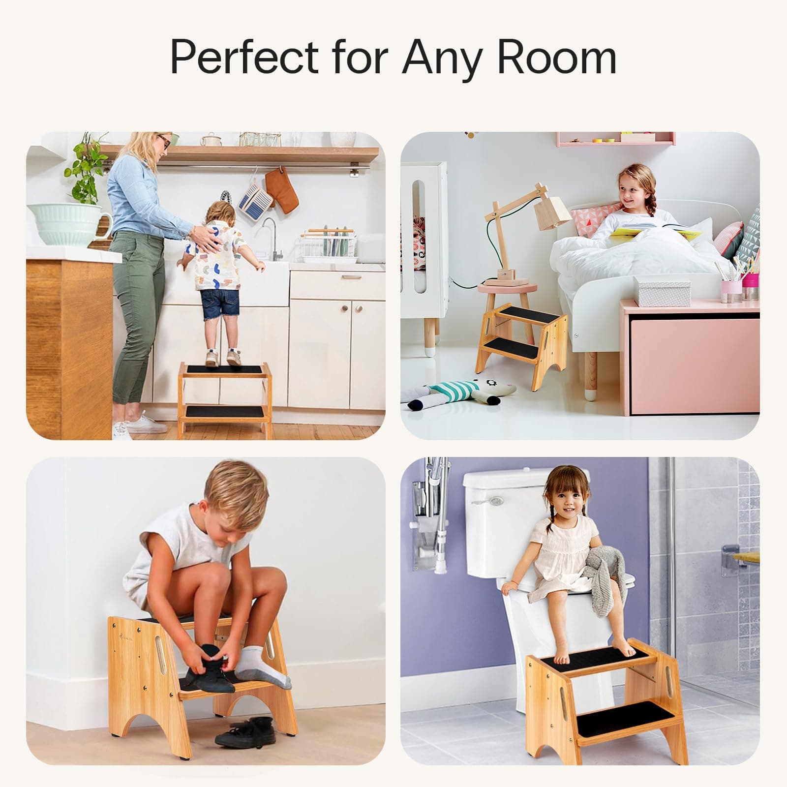 StrongTek Wooden Step Stool, 15" Dual Height Step Stools for Kids, Easy to Clean - Thumbnail 5