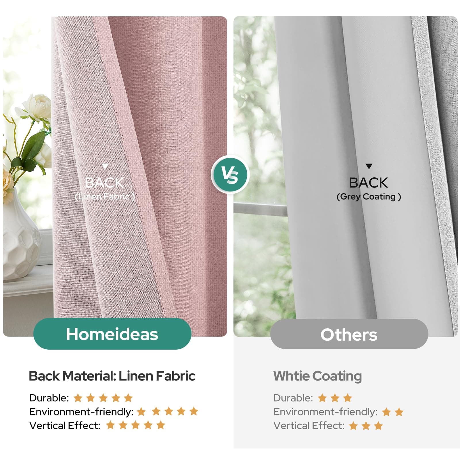 HOMEIDEAS 100% Light Pink Linen Blackout Curtains for Bedroom, 52 x 84 Inch Leng - Thumbnail 5