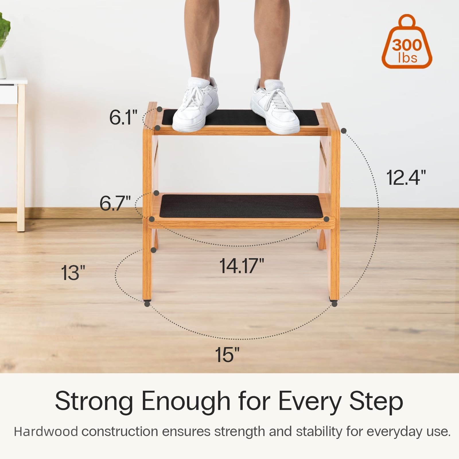 StrongTek Wooden Step Stool, 15" Dual Height Step Stools for Kids, Easy to Clean - Thumbnail 3