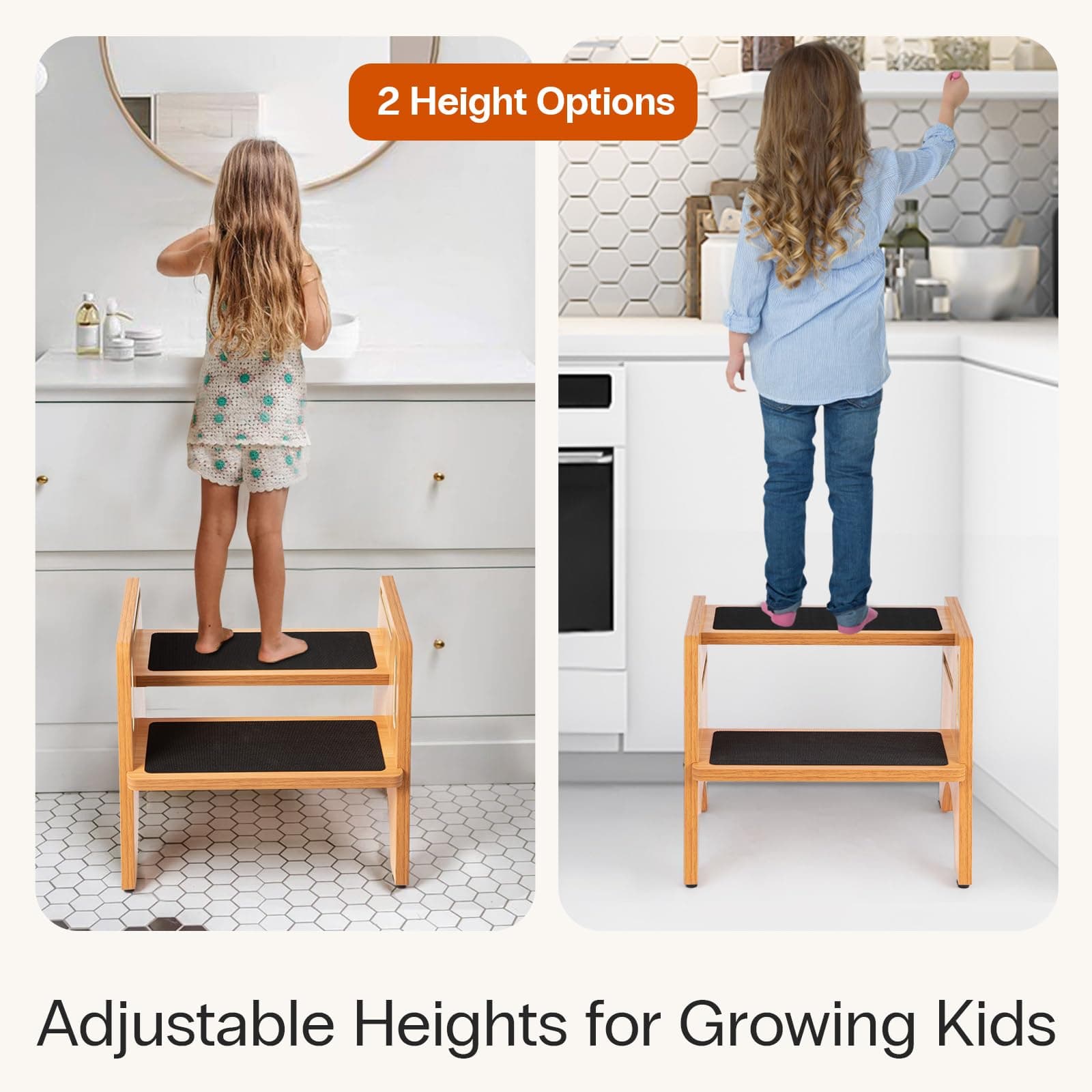 StrongTek Wooden Step Stool, 15" Dual Height Step Stools for Kids, Easy to Clean - Thumbnail 2