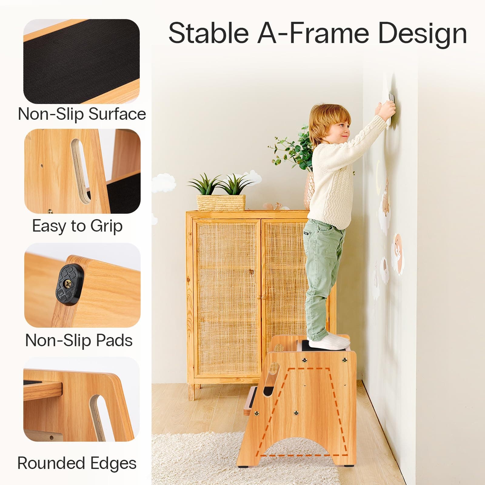 StrongTek Wooden Step Stool, 15" Dual Height Step Stools for Kids, Easy to Clean - Thumbnail 4