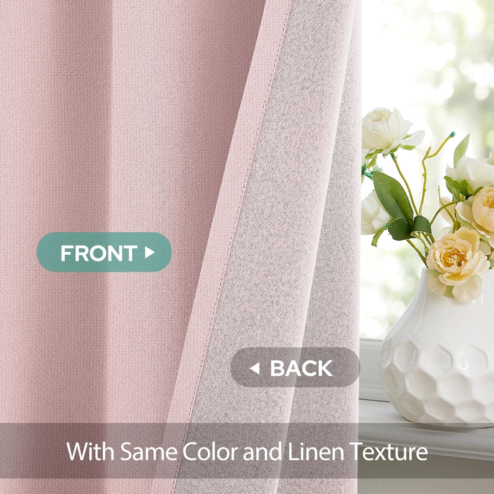 HOMEIDEAS 100% Light Pink Linen Blackout Curtains for Bedroom, 52 x 84 Inch Leng - Thumbnail 8