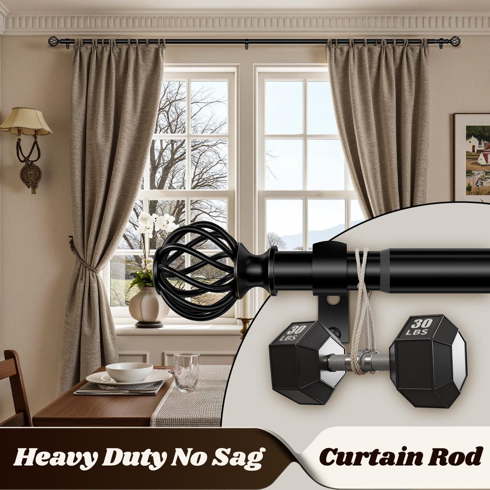 Curtain Rods for Windows 36-144 Inch(3-12Ft), Matte Black Long Decorative Curtai - Thumbnail 3