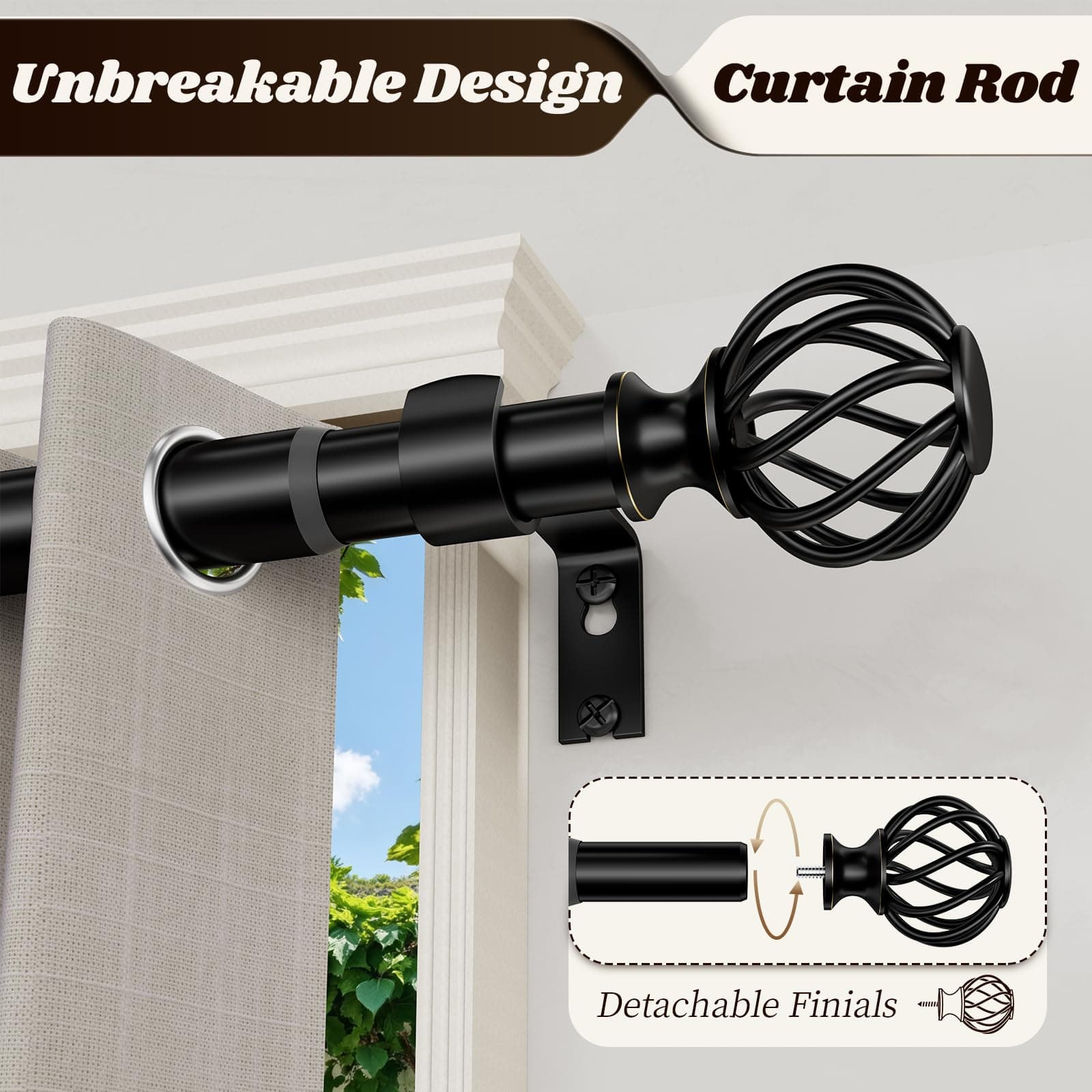 Curtain Rods for Windows 36-144 Inch(3-12Ft), Matte Black Long Decorative Curtai - Thumbnail 4