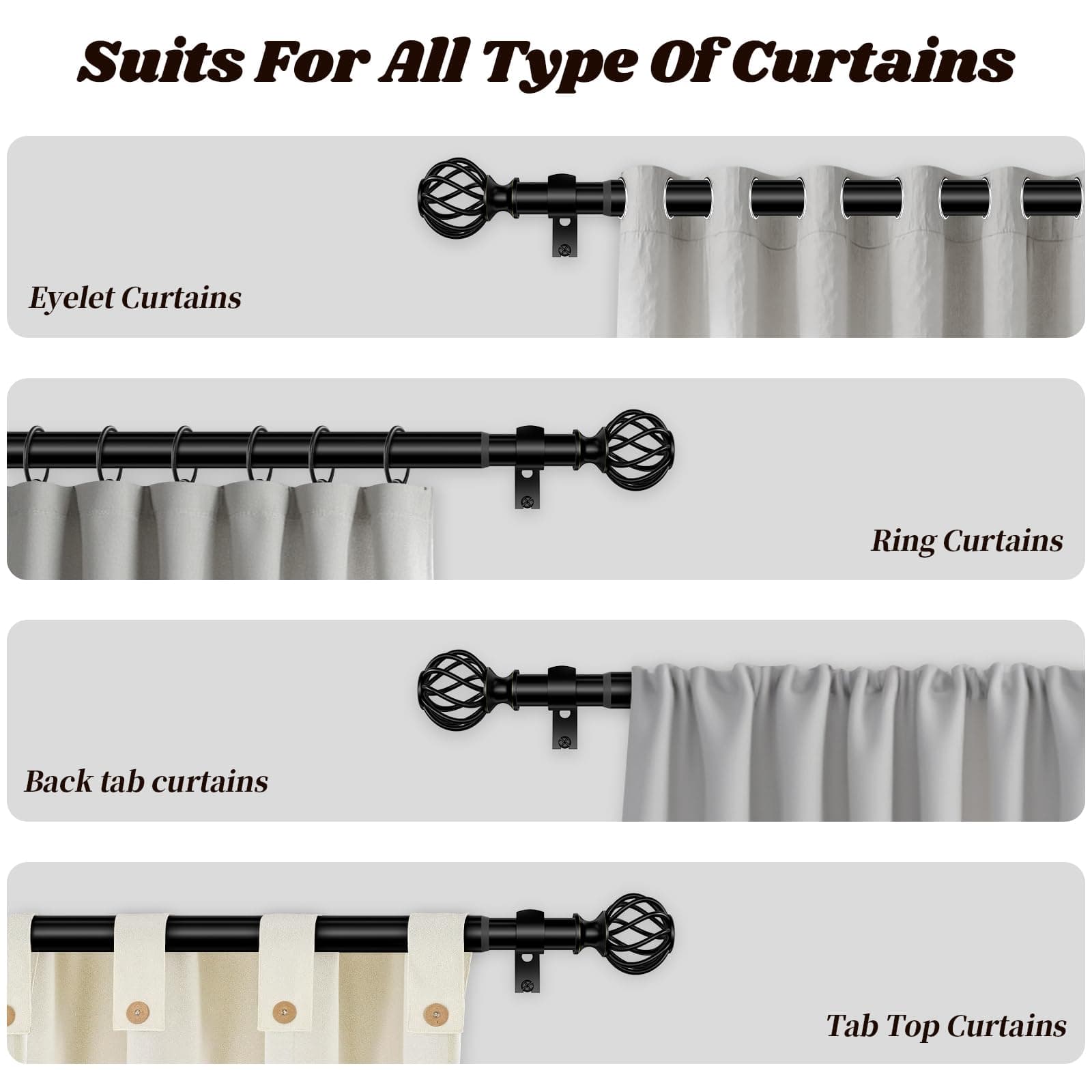 Curtain Rods for Windows 36-144 Inch(3-12Ft), Matte Black Long Decorative Curtai - Thumbnail 7