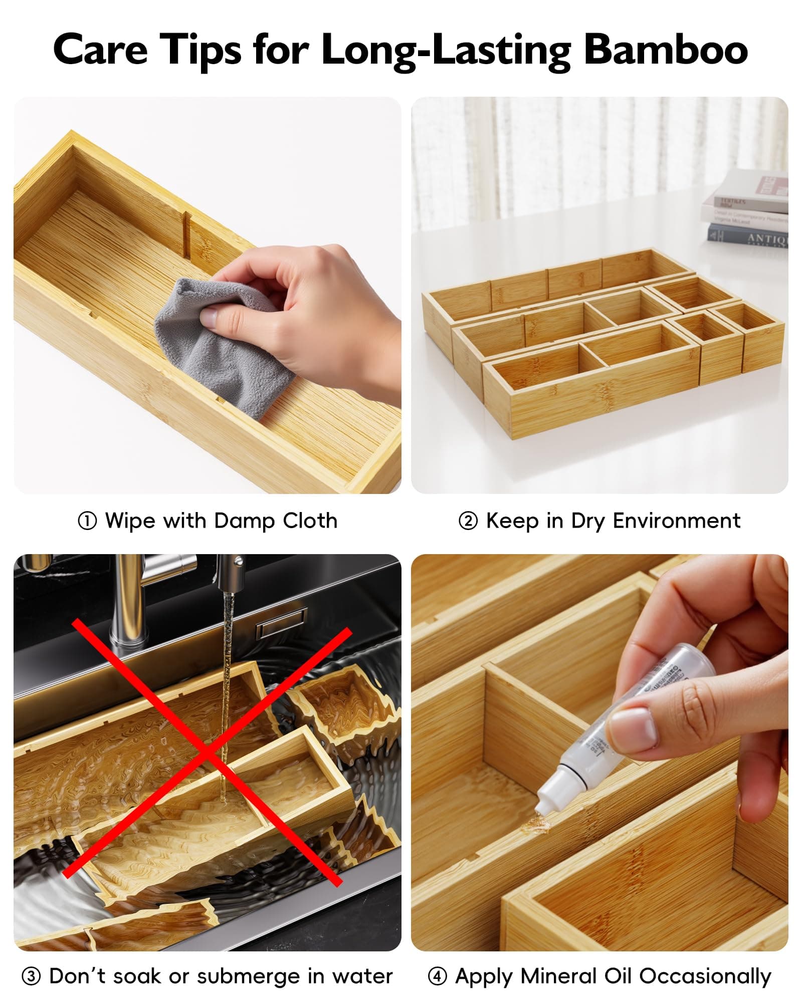 VA1KENE 12-Piece Bamboo Desk Drawer Organizer Set – Adjustable Storage Boxes wit - Thumbnail 7