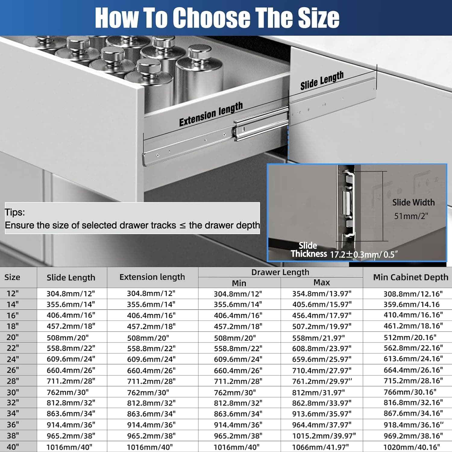 VITERLYNX Thickened 200Lbs Heavy Duty Drawer Slides 1 Pair 10 12 14 16 18 20 22 - Thumbnail 6