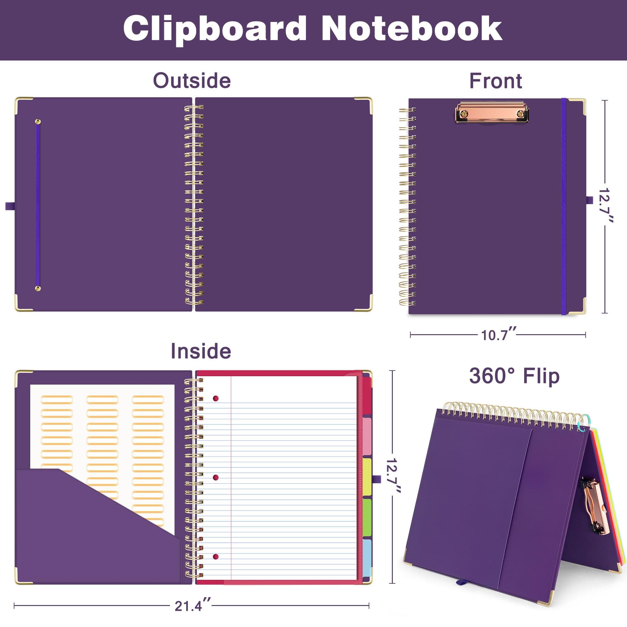EYROZILL Spiral Notebook Clipboard with Removable Dividers Tabs, 5 Subject Noteb - Thumbnail 6