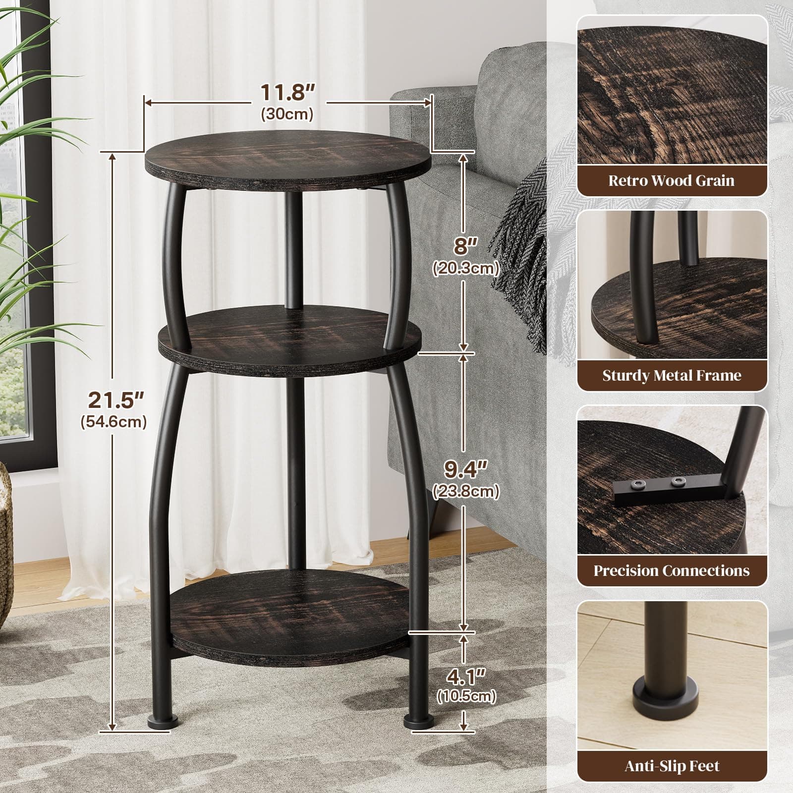 Yuede Small Round Side Table, 3-Tier End Table with Storage Shelf, Slim Sofa Tab - Thumbnail 3