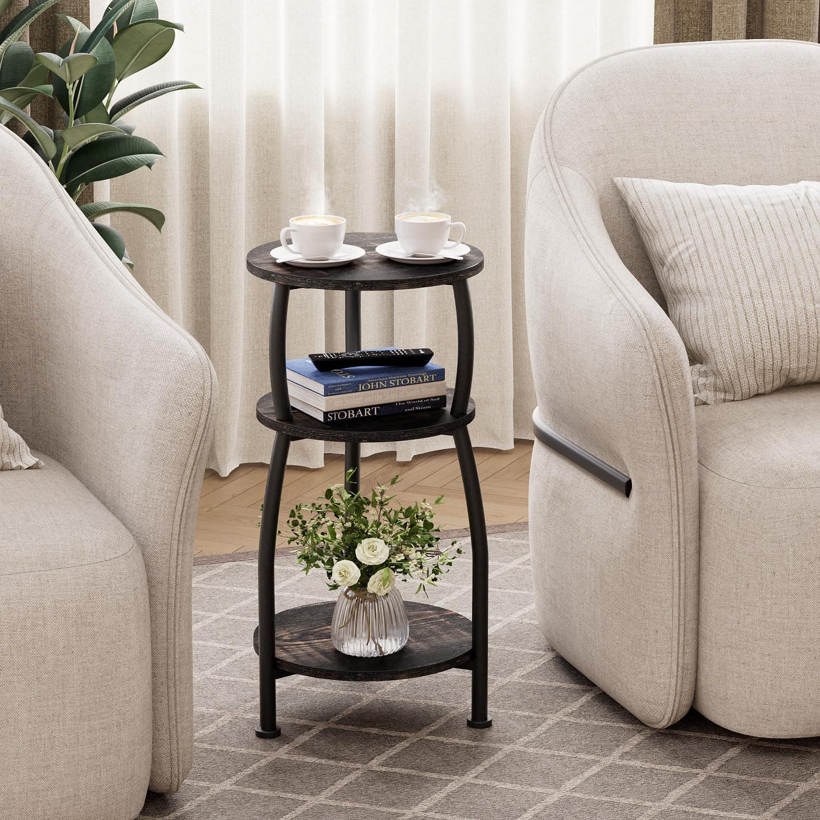 Yuede Small Round Side Table, 3-Tier End Table with Storage Shelf, Slim Sofa Tab - Thumbnail 5