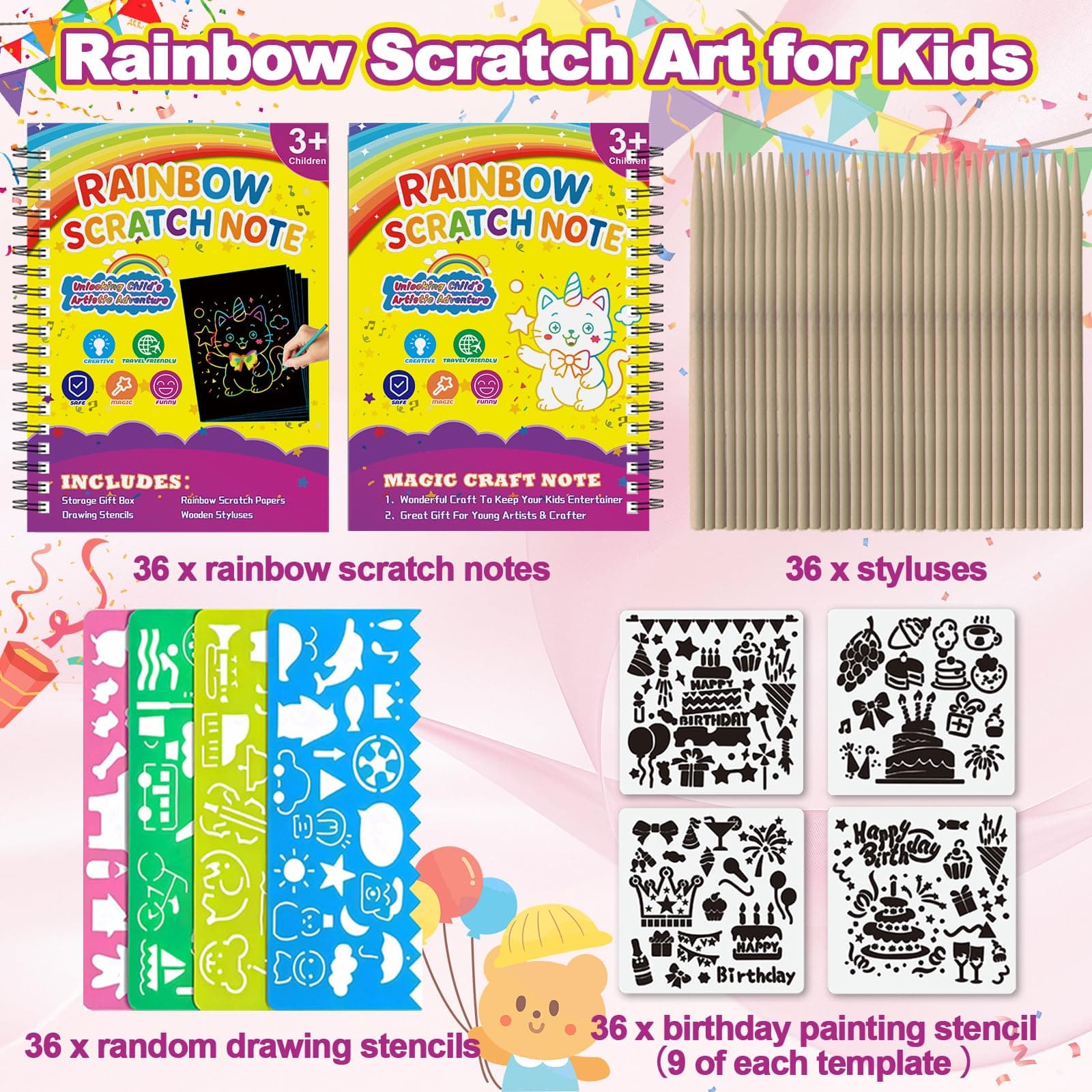 HXDOGSP Rainbow Scratch Art for Kids 36 Pack Art Crafts Notebook Party Favors Sc - Thumbnail 2