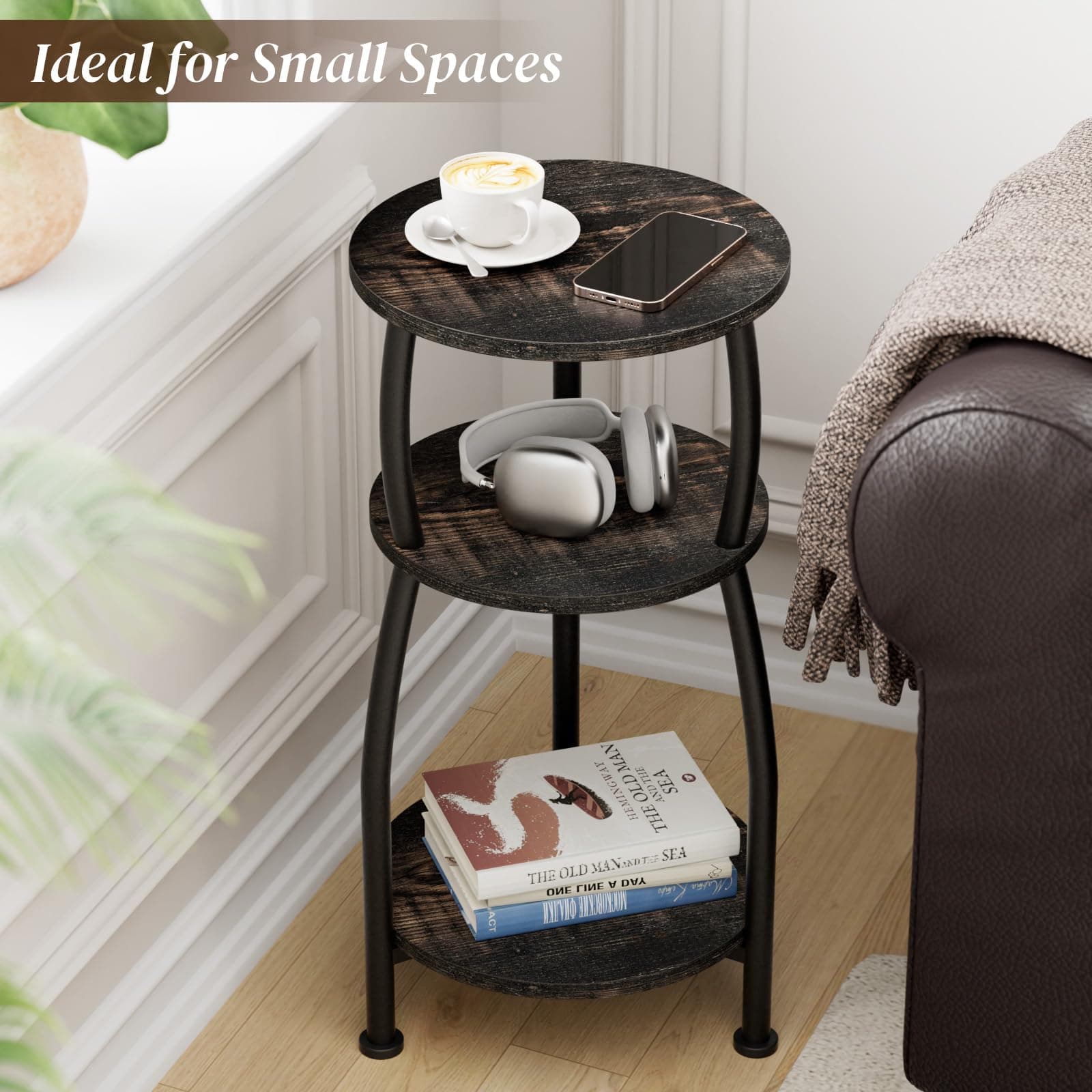 Yuede Small Round Side Table, 3-Tier End Table with Storage Shelf, Slim Sofa Tab - Thumbnail 4
