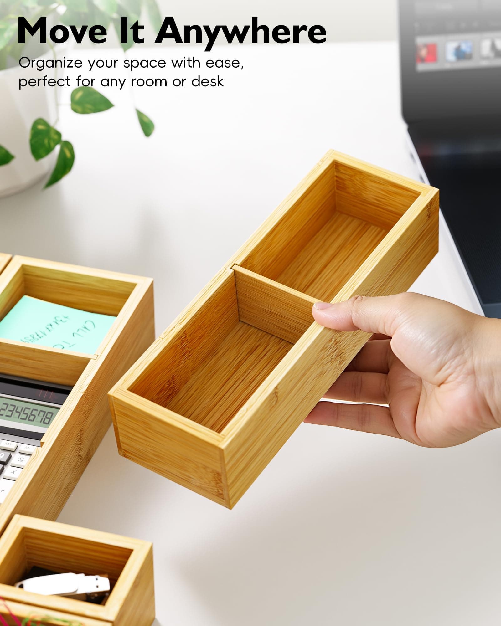 VA1KENE 12-Piece Bamboo Desk Drawer Organizer Set – Adjustable Storage Boxes wit - Thumbnail 3