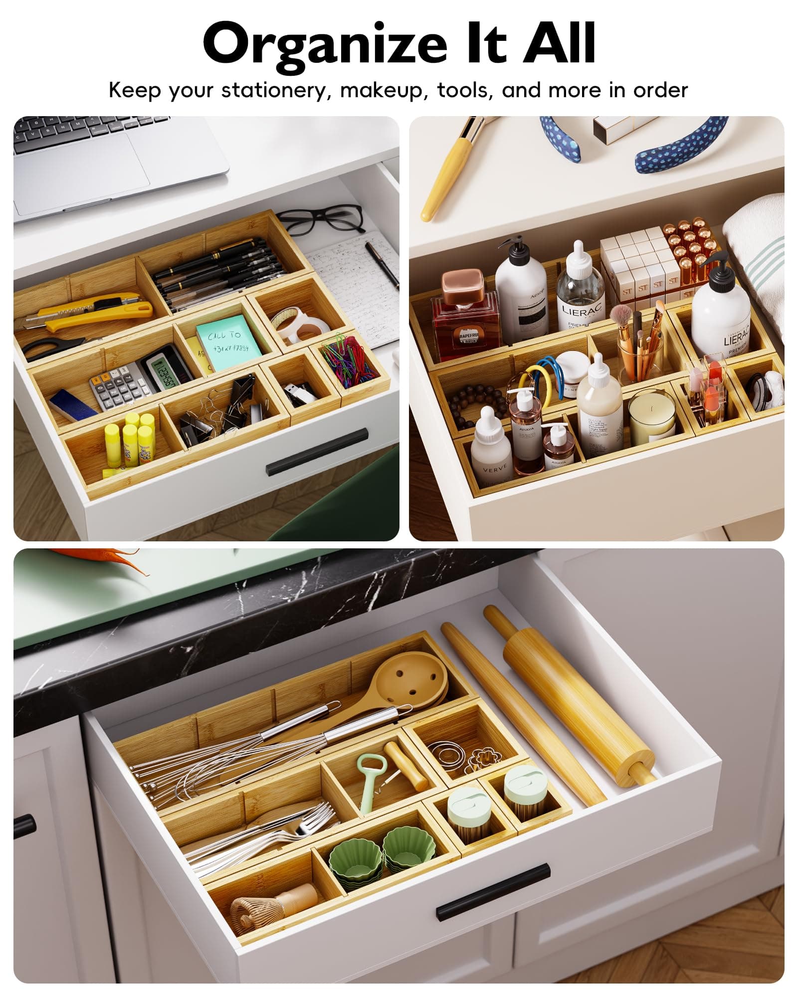 VA1KENE 12-Piece Bamboo Desk Drawer Organizer Set – Adjustable Storage Boxes wit - Thumbnail 6