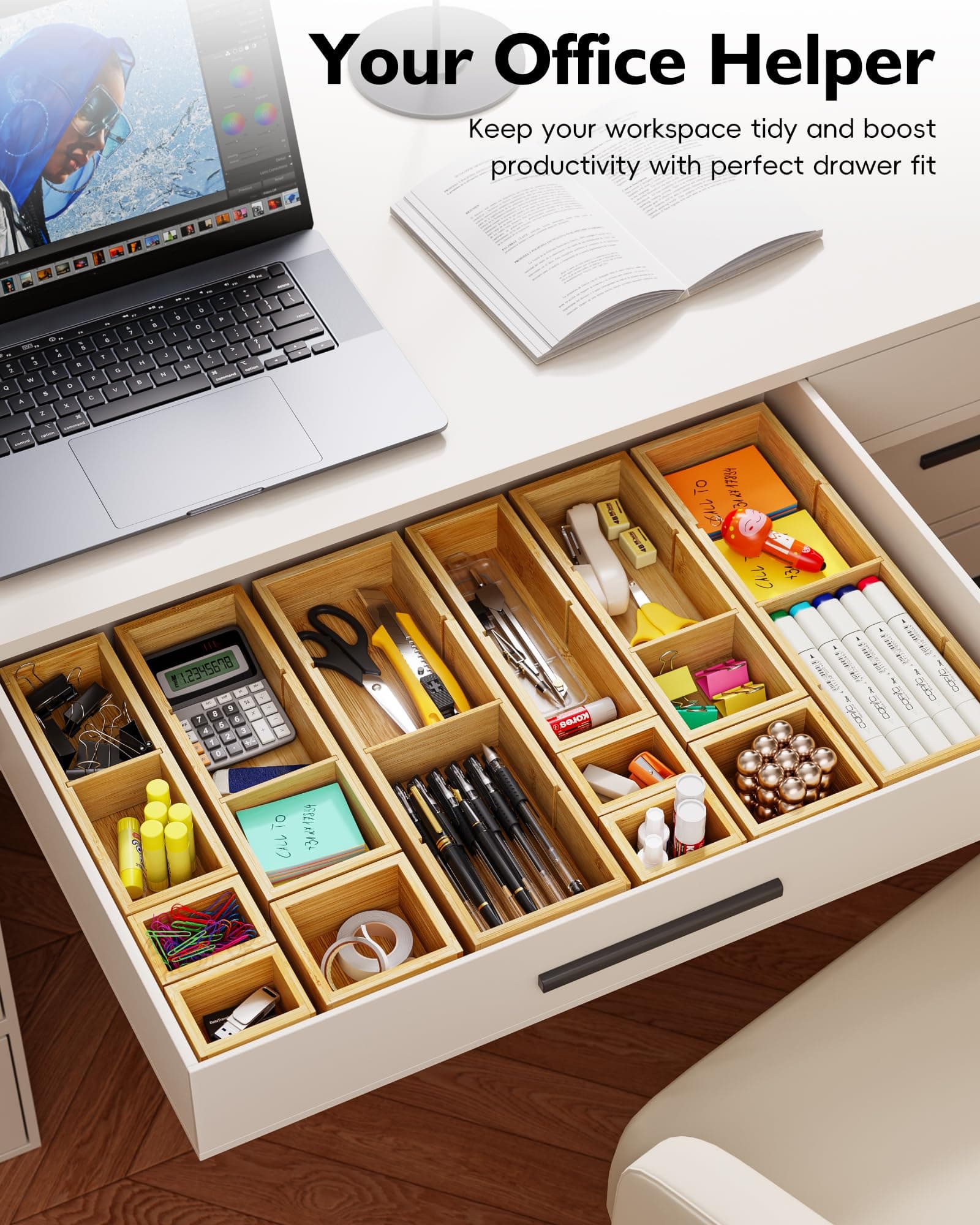 VA1KENE 12-Piece Bamboo Desk Drawer Organizer Set – Adjustable Storage Boxes wit - Thumbnail 4