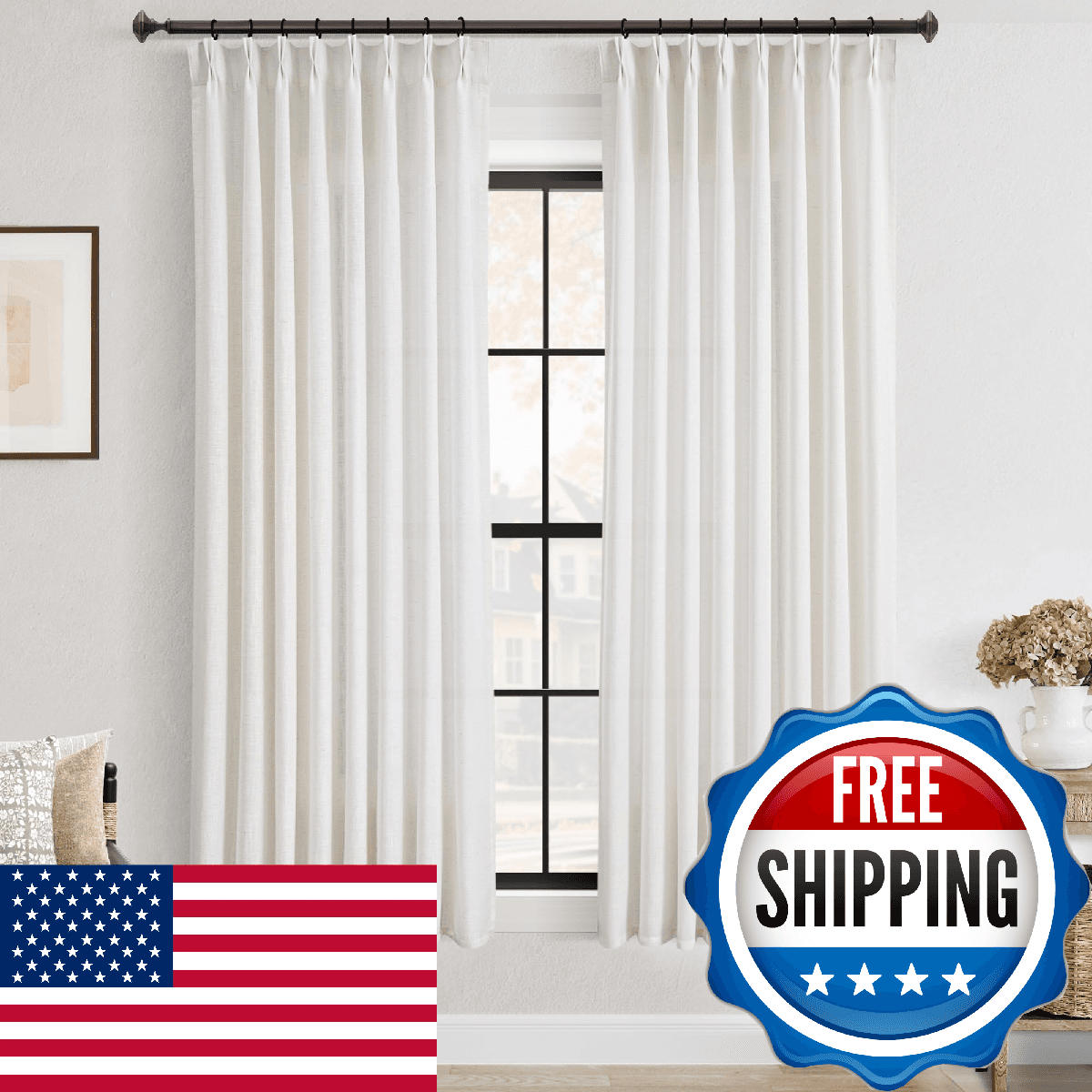 Pinch Pleated Linen Curtains 63 inches Long for Living Room Memory Training Shap - Image 1