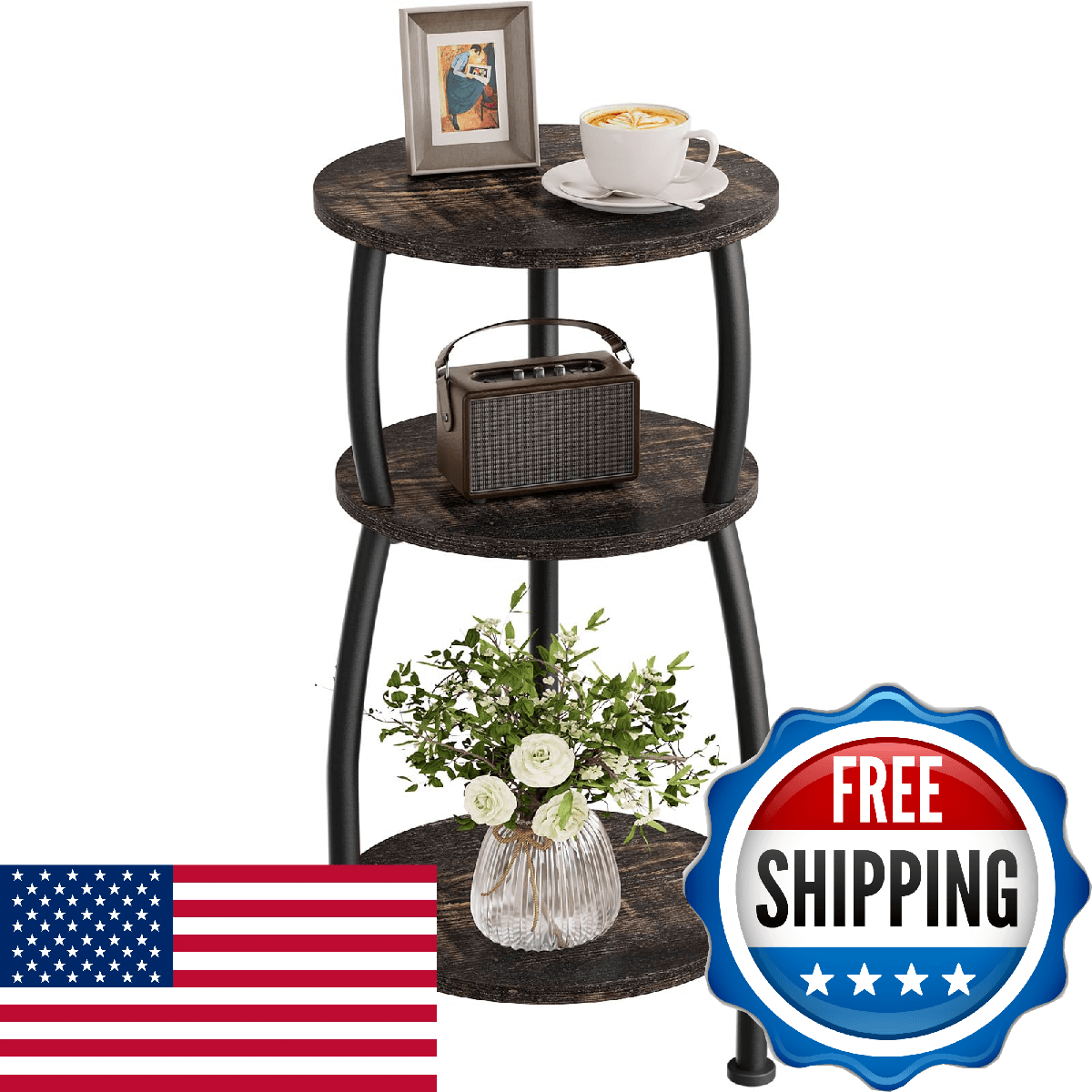 Yuede Small Round Side Table, 3-Tier End Table with Storage Shelf, Slim Sofa Tab - Image 1