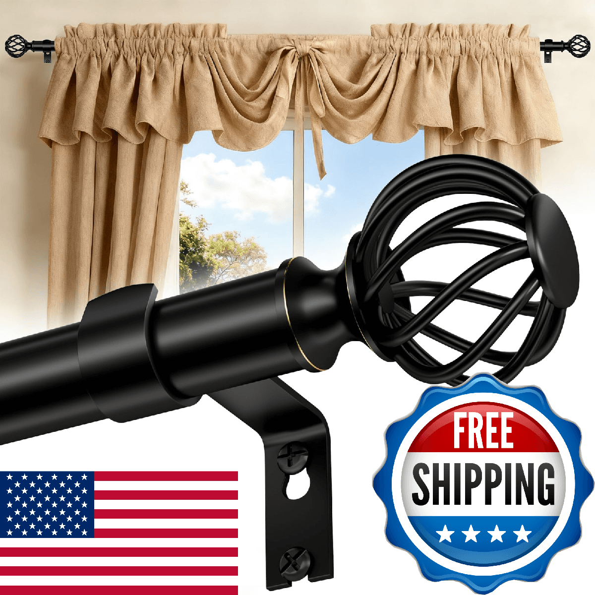 Curtain Rods for Windows 36-144 Inch(3-12Ft), Matte Black Long Decorative Curtai - Image 1